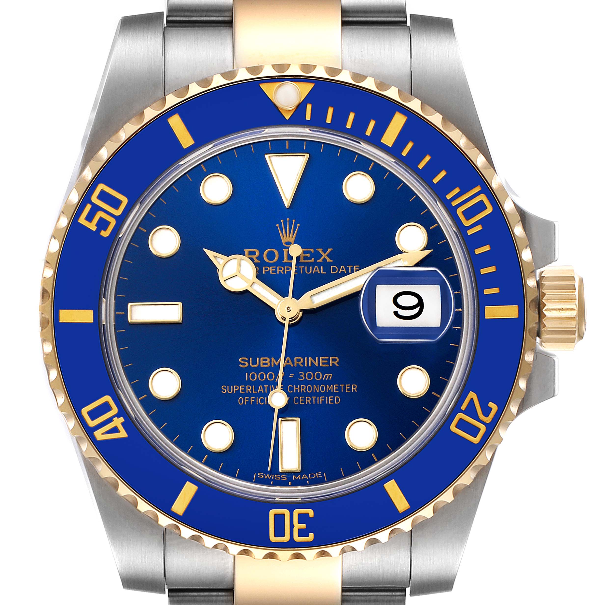The image shows a front view of the Rolex Submariner 116613 Men's Yellow Gold Blue Dial 116613 Men's Yellow Gold Blue Dial watch, highlighting the blue dial, date window, and bi-color bezel.