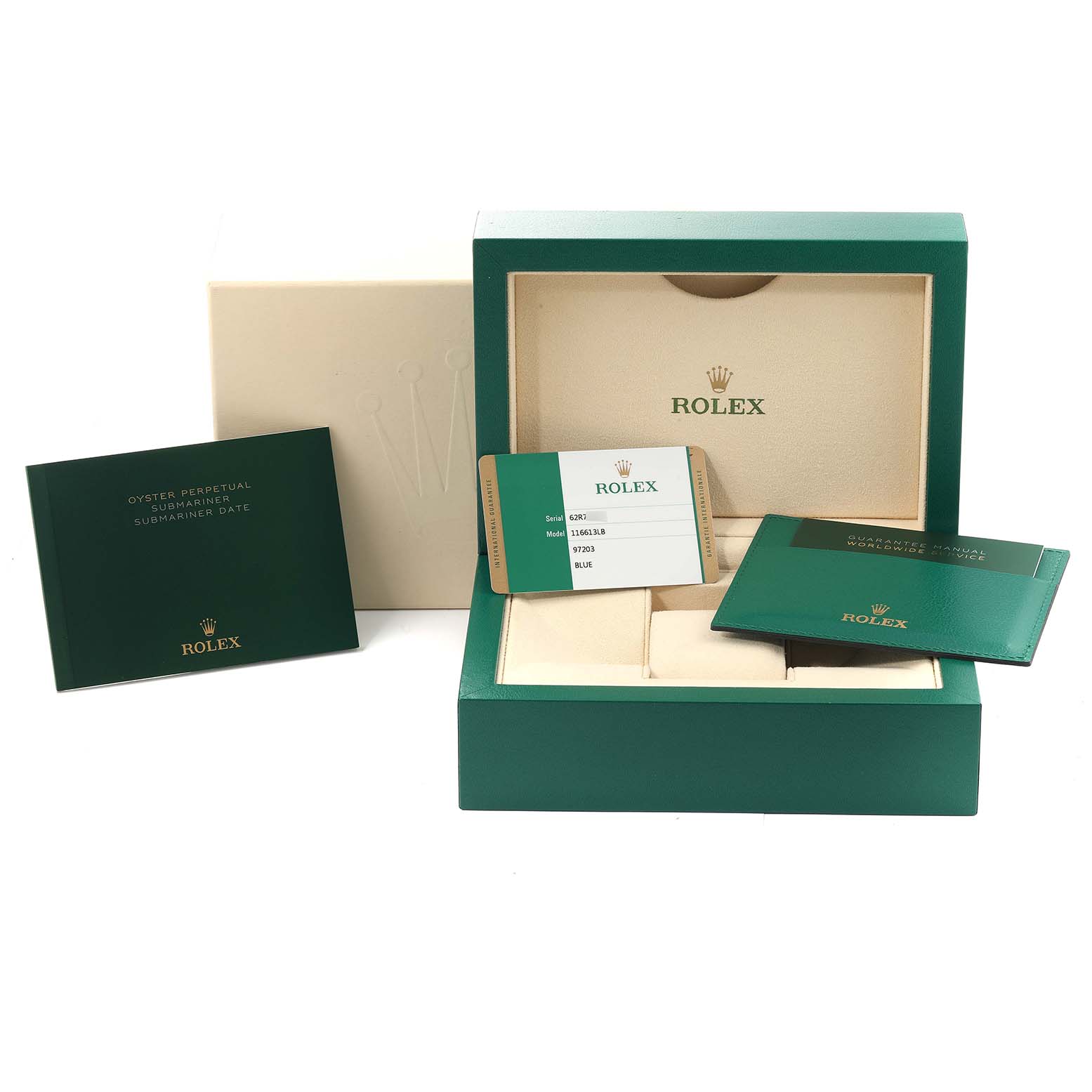 The image shows the packaging and accessories for a Rolex Submariner 116613 Men's Yellow Gold Blue Dial 116613 Men's Yellow Gold Blue Dial watch, including the box, warranty card, manual, and documentation.