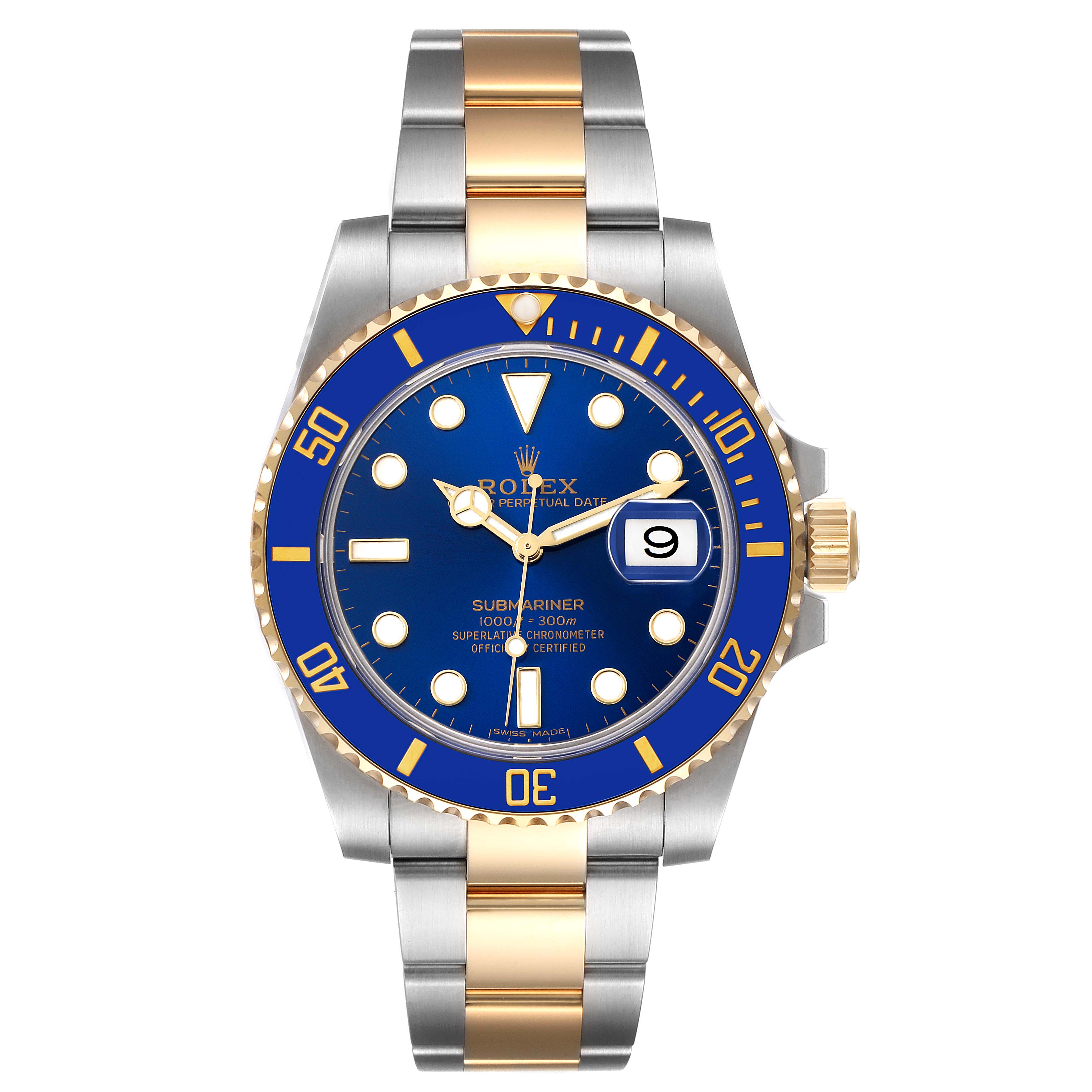This image shows a front view of a Rolex Submariner 116613 Men's Yellow Gold Blue Dial 116613 Men's Yellow Gold Blue Dial watch, featuring a blue dial and bezel, with a two-tone gold and silver bracelet.