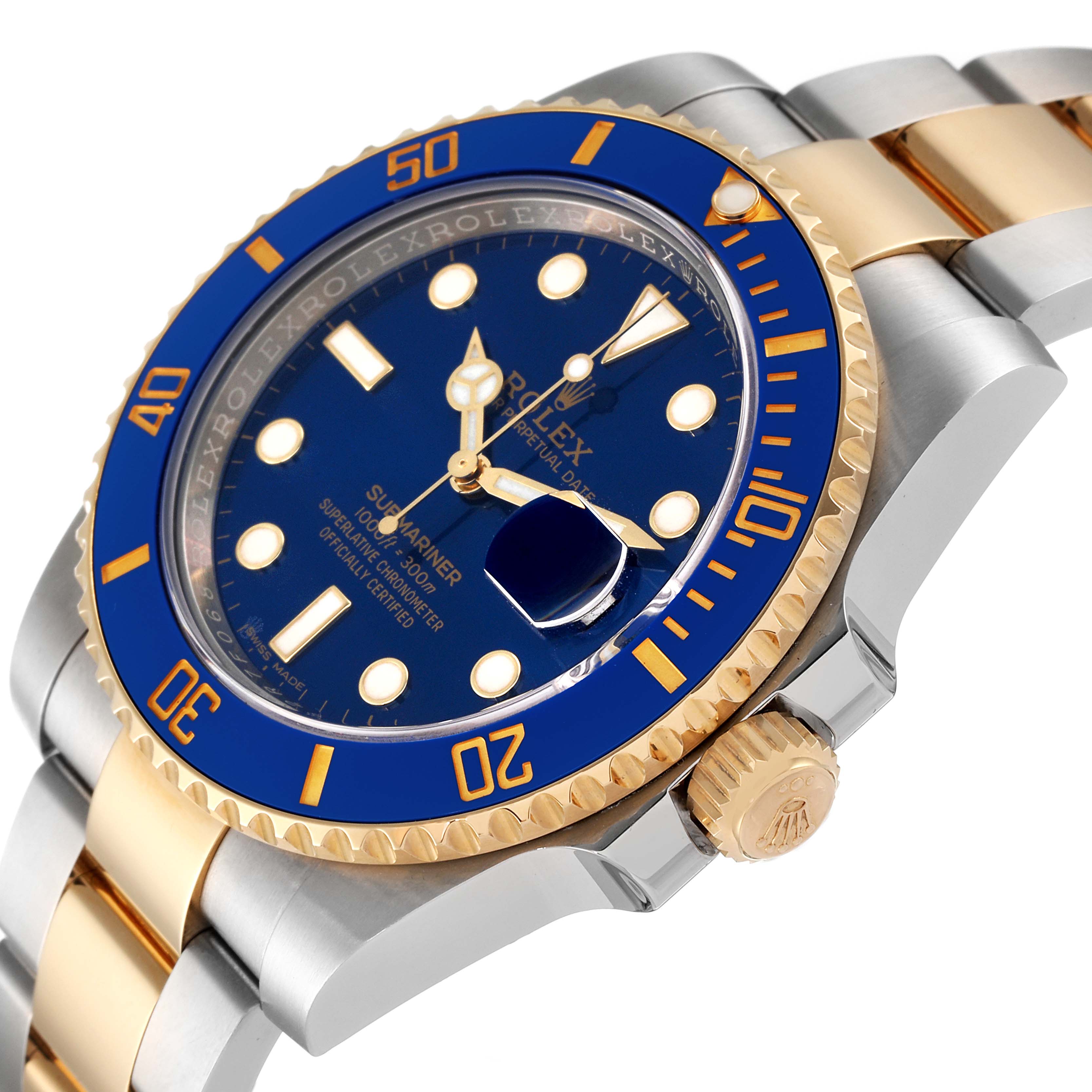 The image shows a close-up angle of the Rolex Submariner 116613 Men's Yellow Gold Blue Dial 116613 Men's Yellow Gold Blue Dial, highlighting the blue dial, bezel, and gold crown with part of the bracelet.