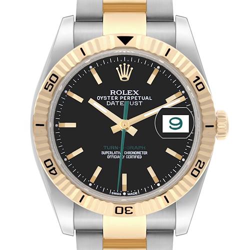 The Rolex Turn-o-Graph watch is shown from a front angle, displaying the dial, bezel, crown, and a portion of the bracelet.