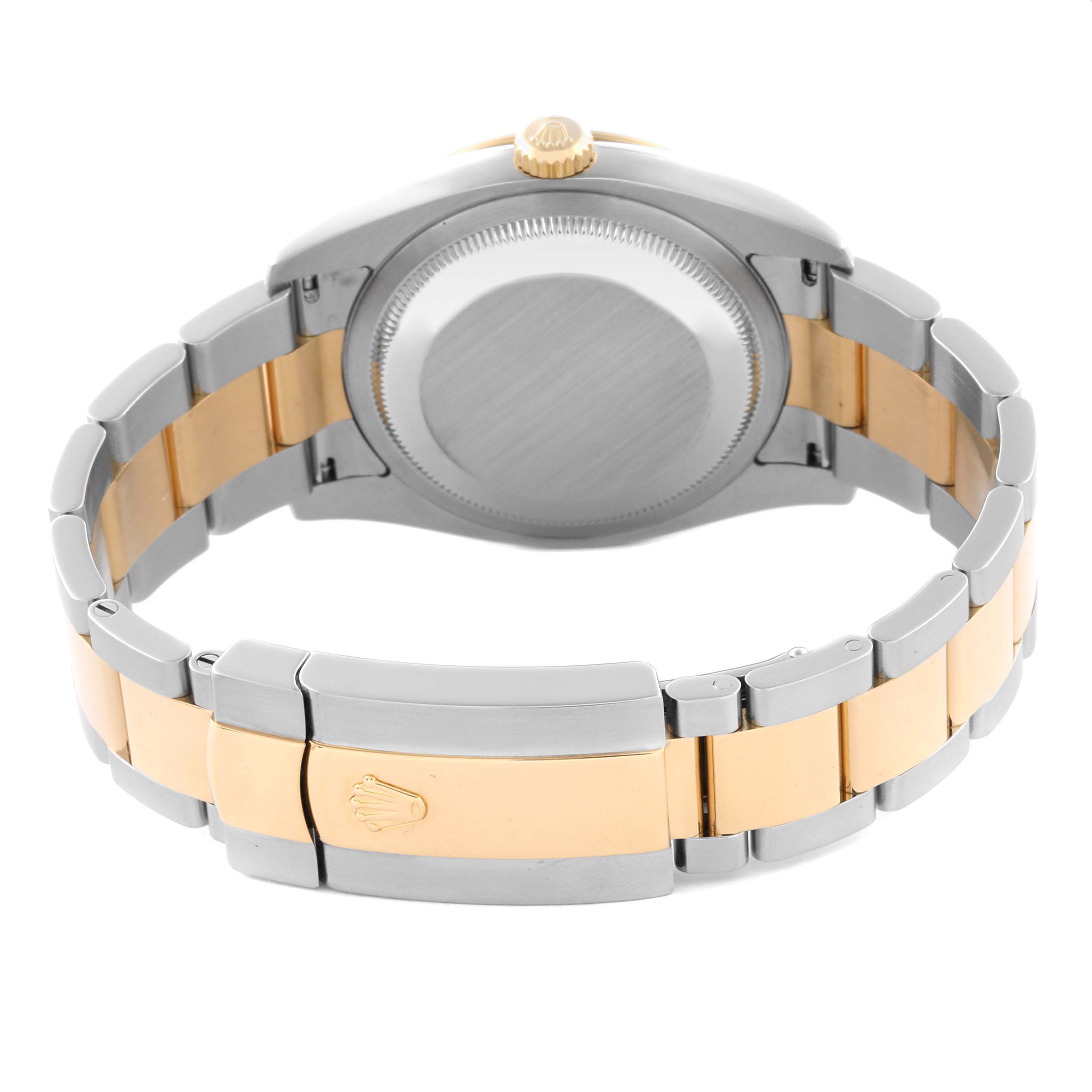 The image shows the back of a Rolex Turn-o-Graph 116263 Men's Steel and Gold (two tone) Black Dial 116263 Men's Steel and Gold (two tone) Black Dial watch, highlighting the case, crown, and two-tone bracelet clasp.