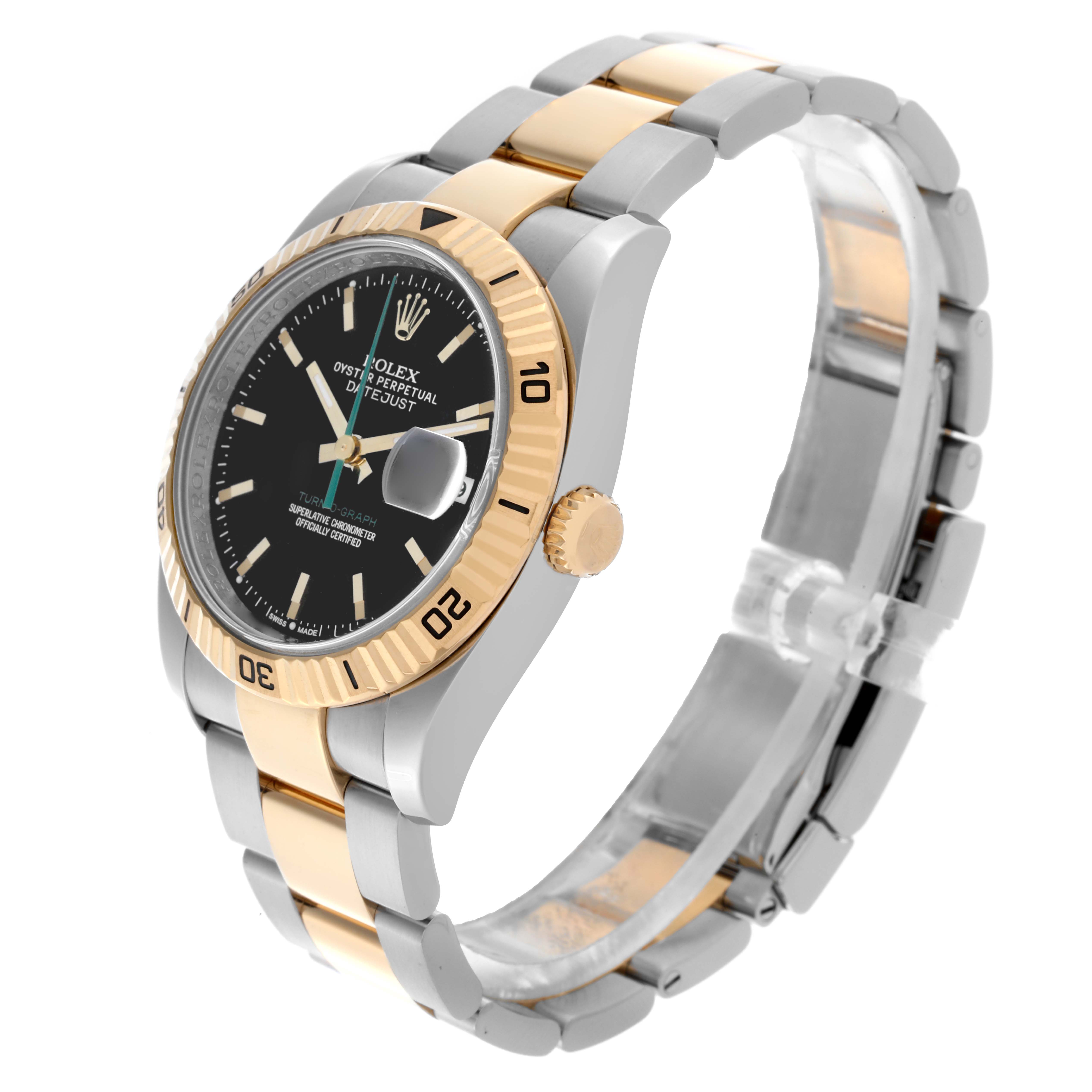 The Rolex Turn-o-Graph 116263 Men's Steel and Gold (two tone) Black Dial 116263 Men's Steel and Gold (two tone) Black Dial watch is shown at a three-quarter angle, displaying the face, bezel, crown, and two-tone bracelet.