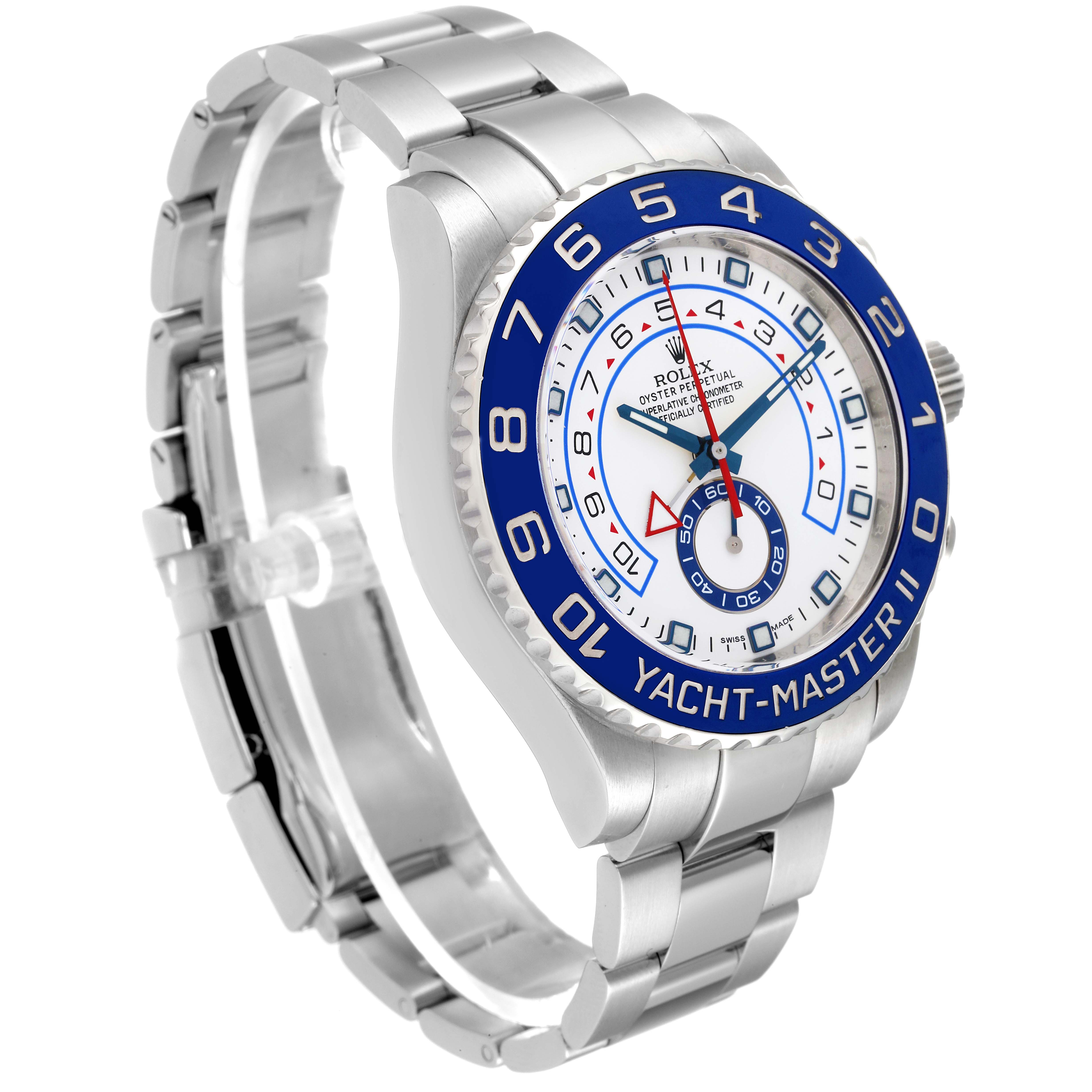 The Rolex Yacht-Master 116680 Men's Stainless Steel White Dial 116680 Men's Stainless Steel White Dial watch is shown at a three-quarter angle, highlighting its face, bezel, and bracelet.