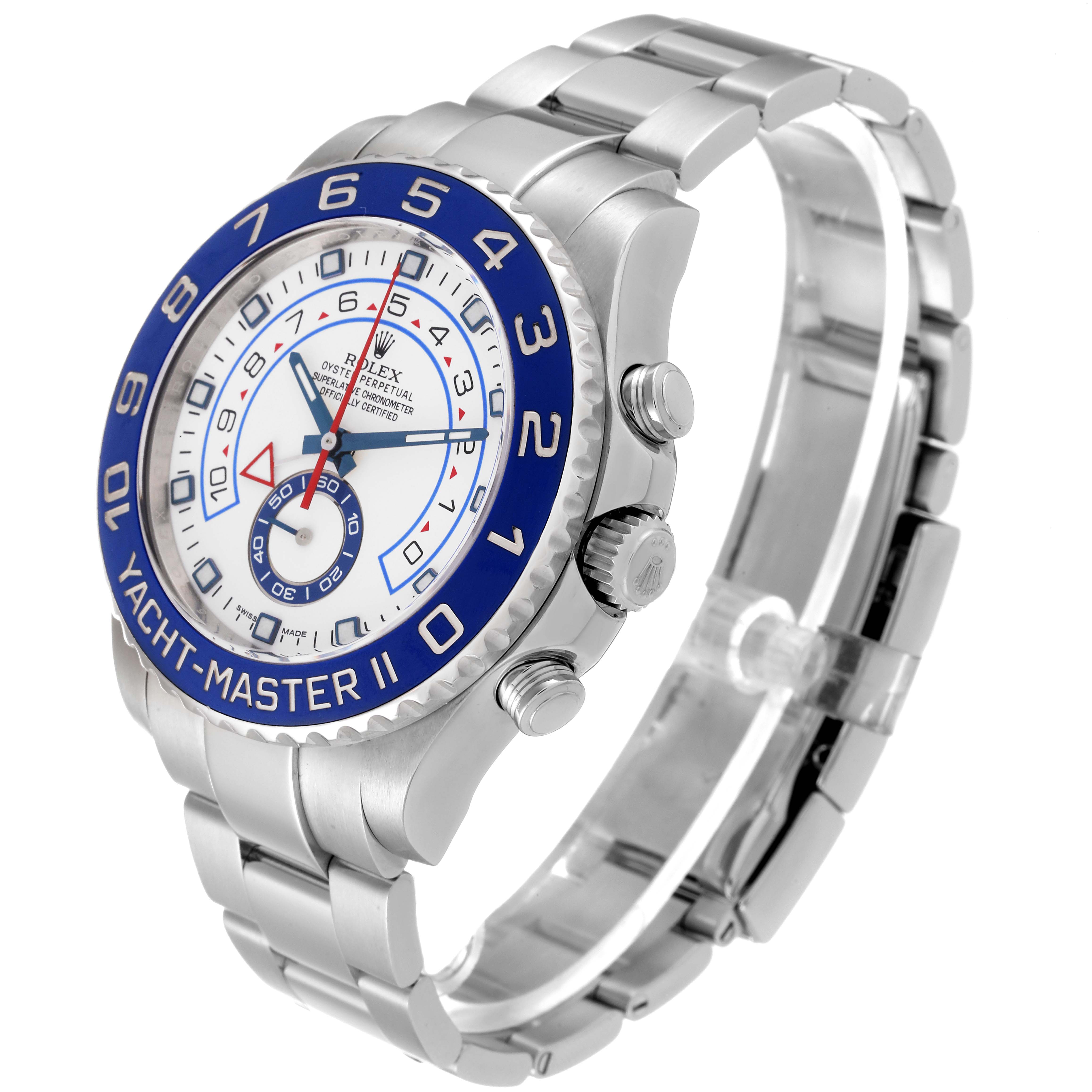 The Rolex Yacht-Master 116680 Men's Stainless Steel White Dial 116680 Men's Stainless Steel White Dial watch is shown at a slight angle from the front, displaying the face, bezel, and part of the bracelet.