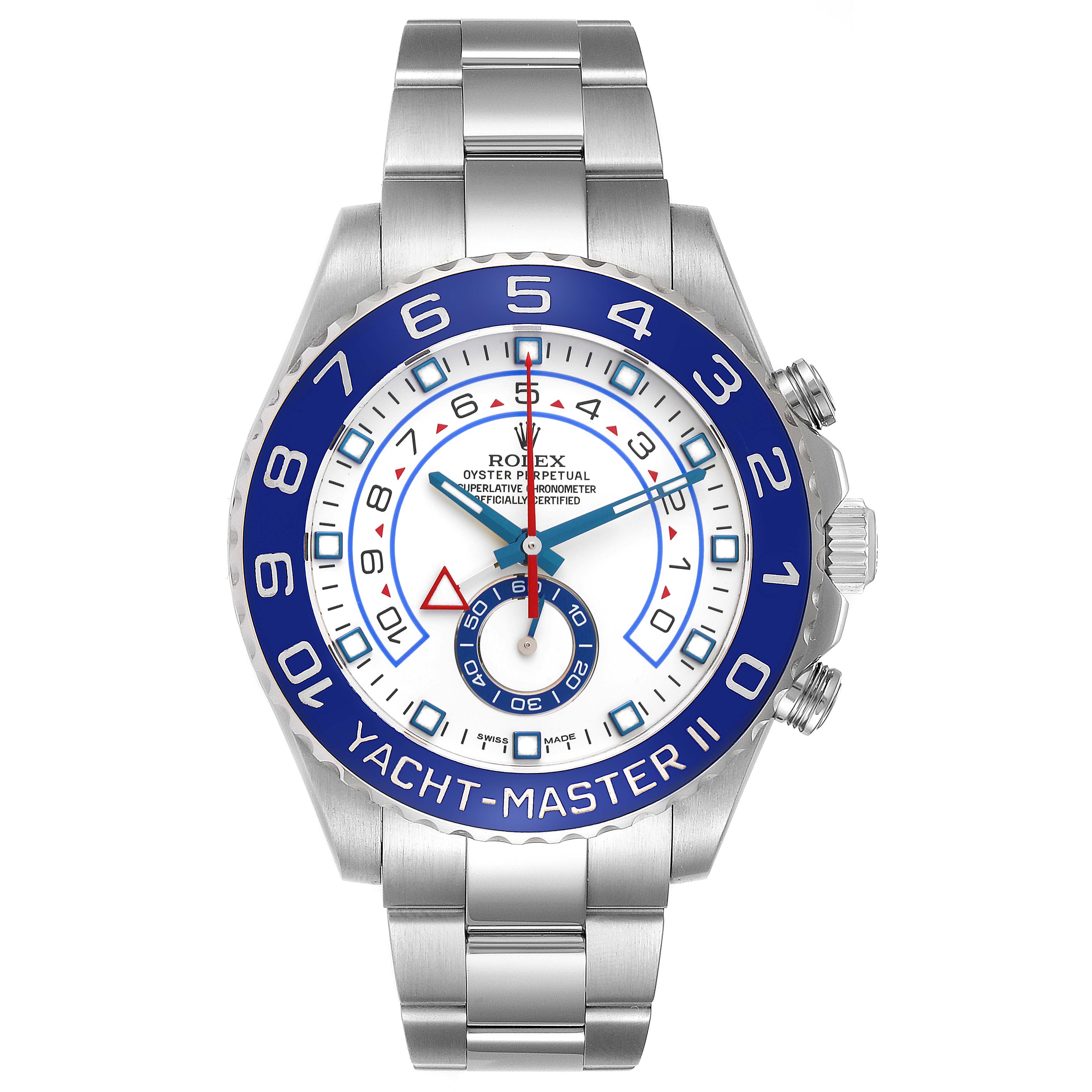 The image displays a front angle of the Rolex Yacht-Master 116680 Men's Stainless Steel White Dial 116680 Men's Stainless Steel White Dial watch, showcasing its face, bezel, and bracelet.