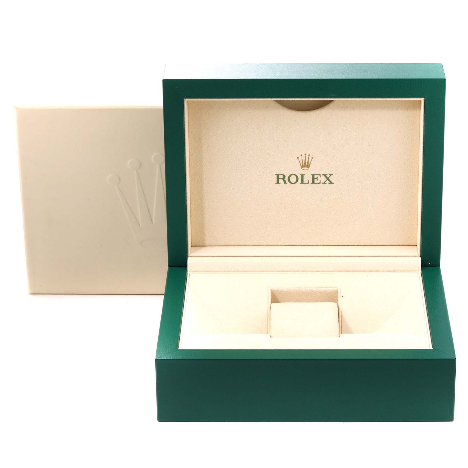 This image shows the open presentation box for a Rolex Yacht-Master 116680 Men's Stainless Steel White Dial 116680 Men's Stainless Steel White Dial watch, featuring a green exterior and beige interior.