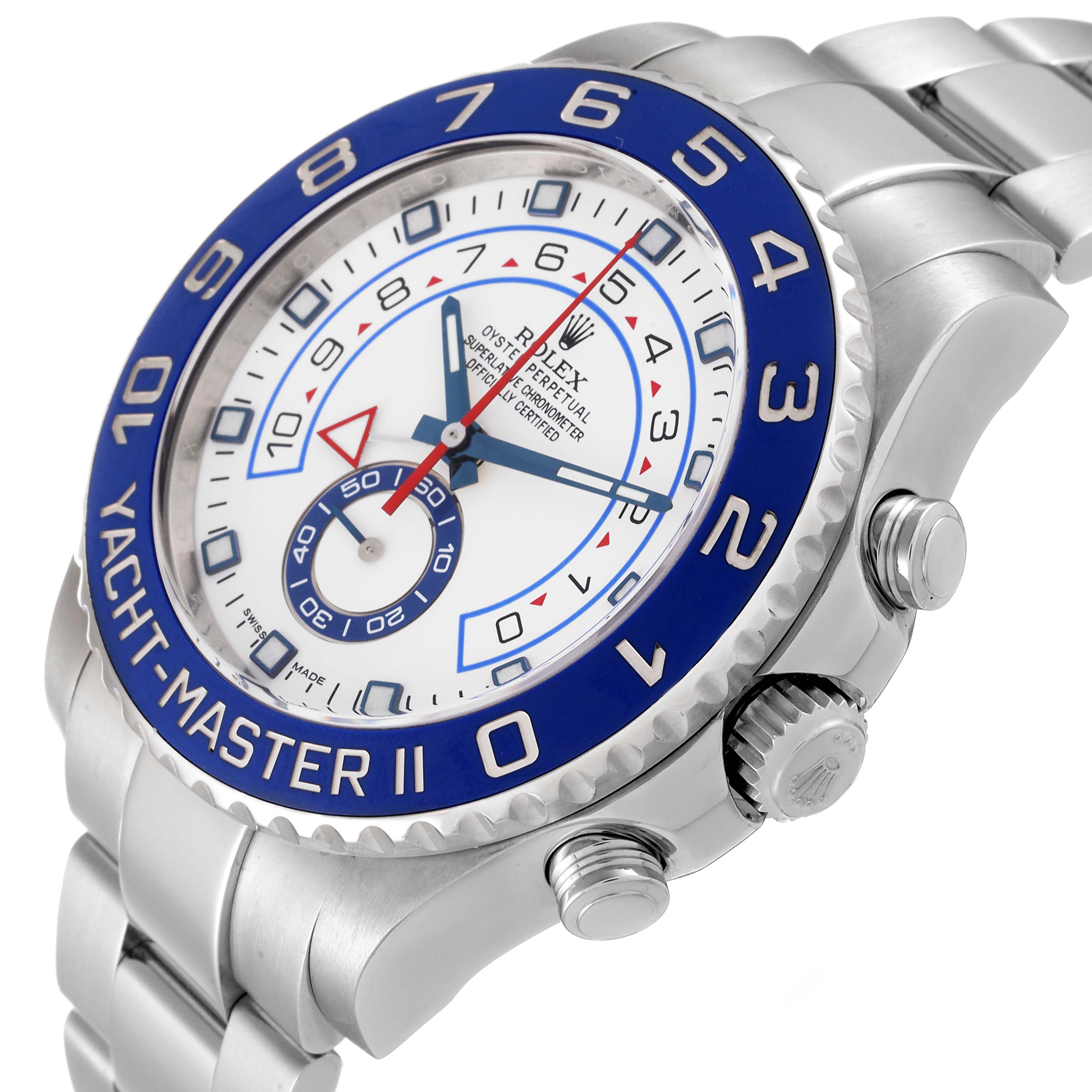 The Rolex Yacht-Master 116680 Men's Stainless Steel White Dial 116680 Men's Stainless Steel White Dial watch is shown from an angled side view, highlighting its face, bezel, crown, and part of the bracelet.