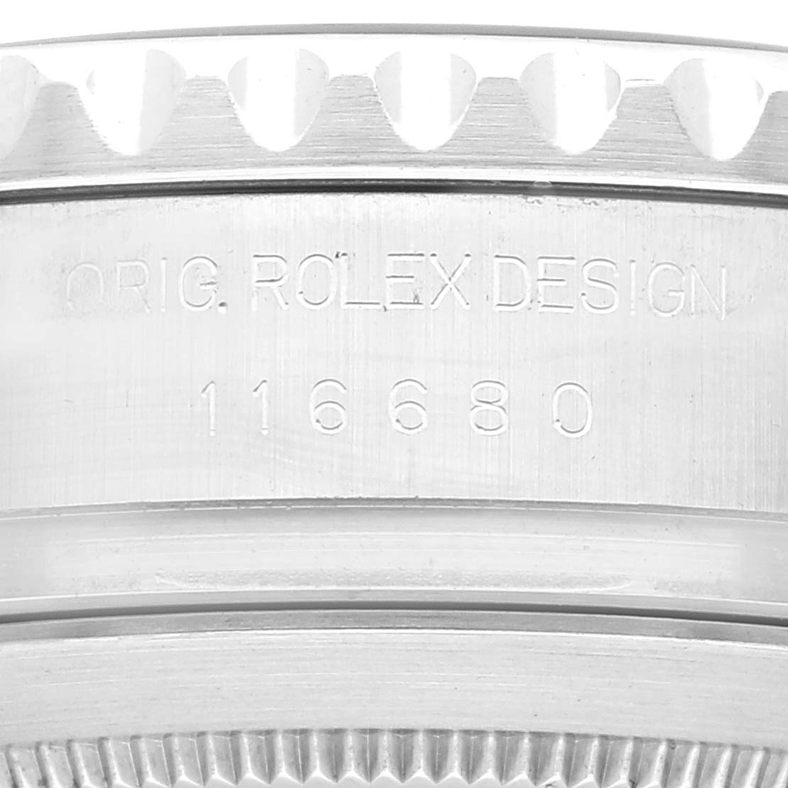 The image shows a close-up angle of the bezel edge and engraving on the case of a Rolex Yacht-Master 116680 Men's Stainless Steel White Dial 116680 Men's Stainless Steel White Dial model.