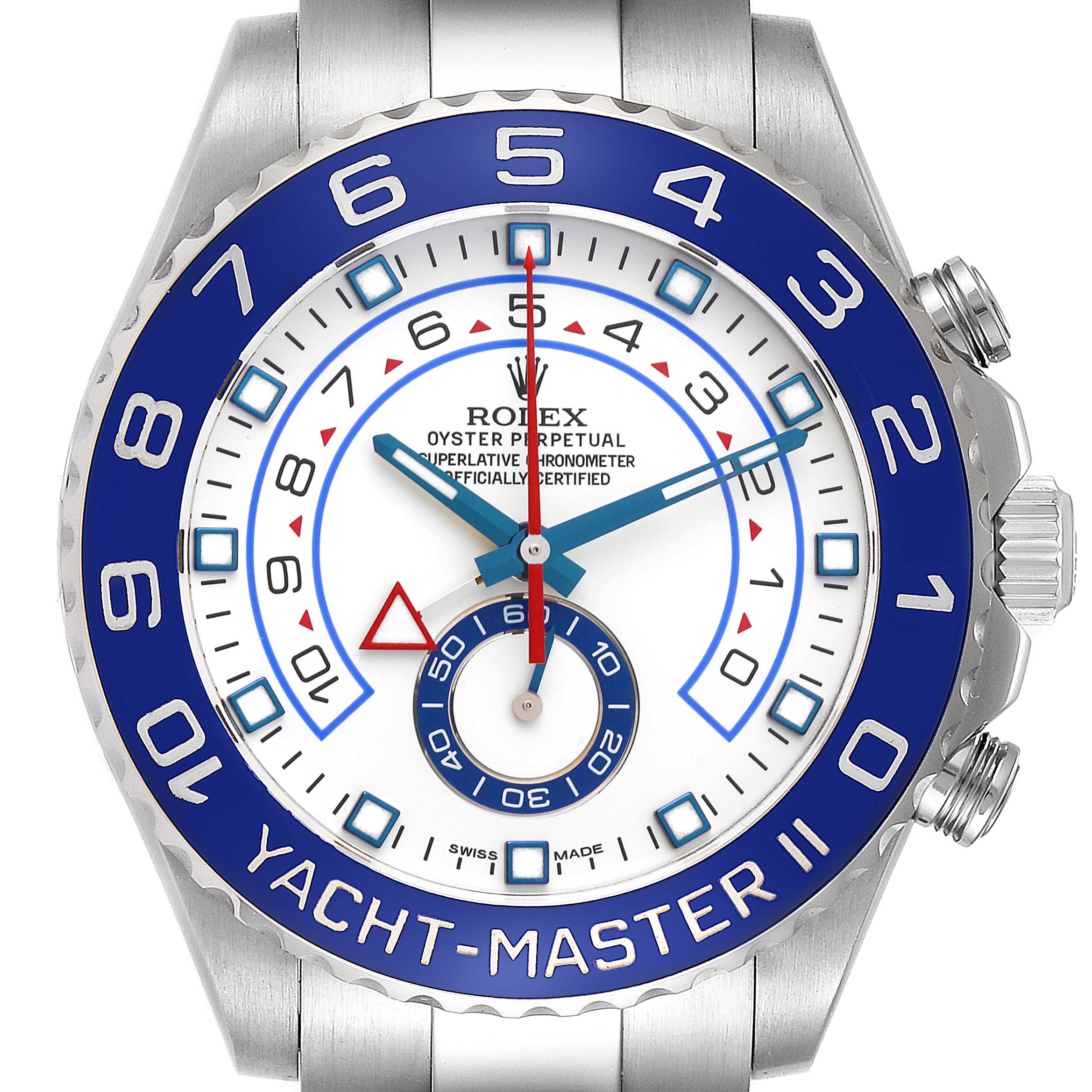 The image shows a front view of the Rolex Yacht-Master 116680 Men's Stainless Steel White Dial 116680 Men's Stainless Steel White Dial II, displaying the watch face, bezel, and part of the bracelet.