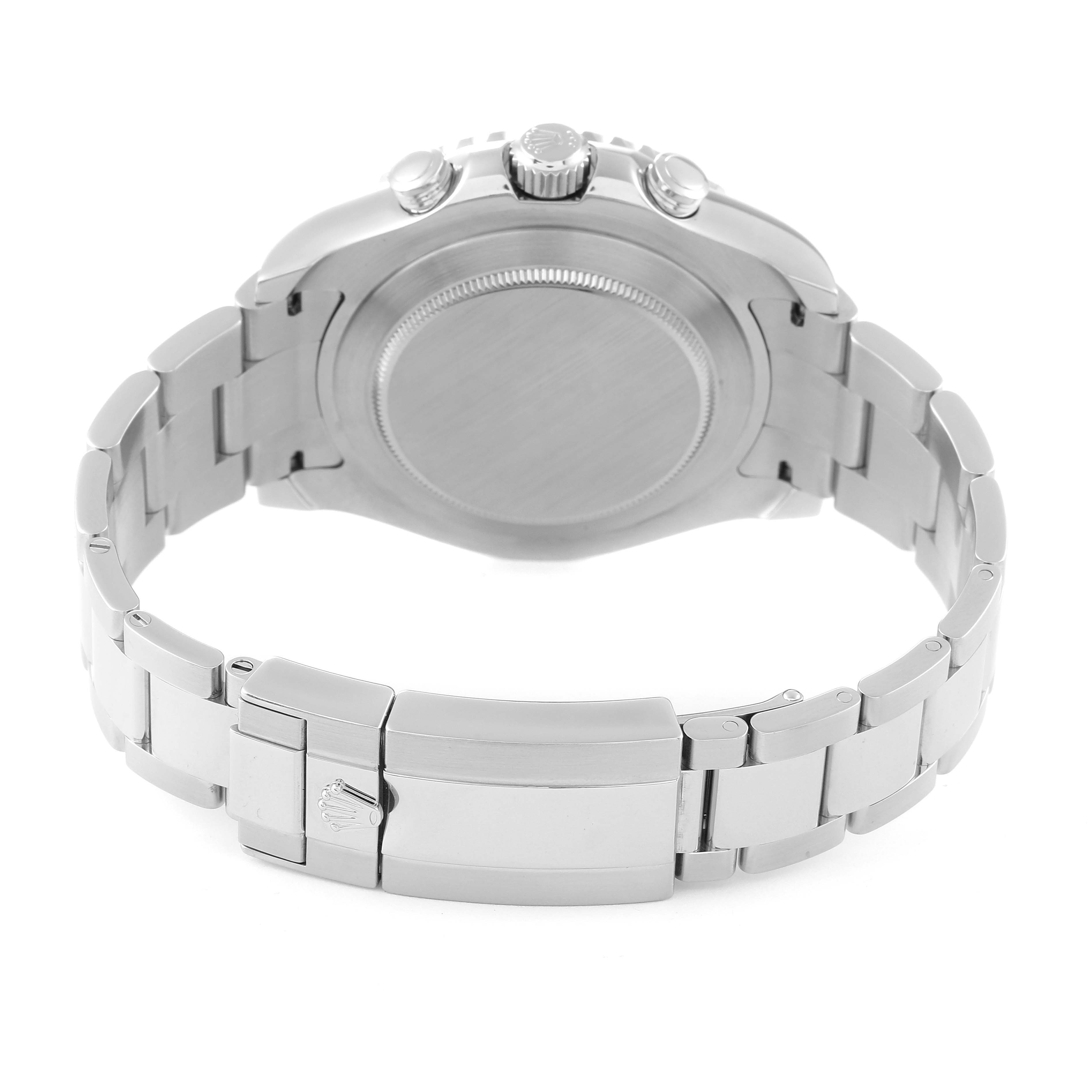 The image shows the back view of a Rolex Yacht-Master 116680 Men's Stainless Steel White Dial 116680 Men's Stainless Steel White Dial watch, highlighting its case back and metal bracelet with the clasp.