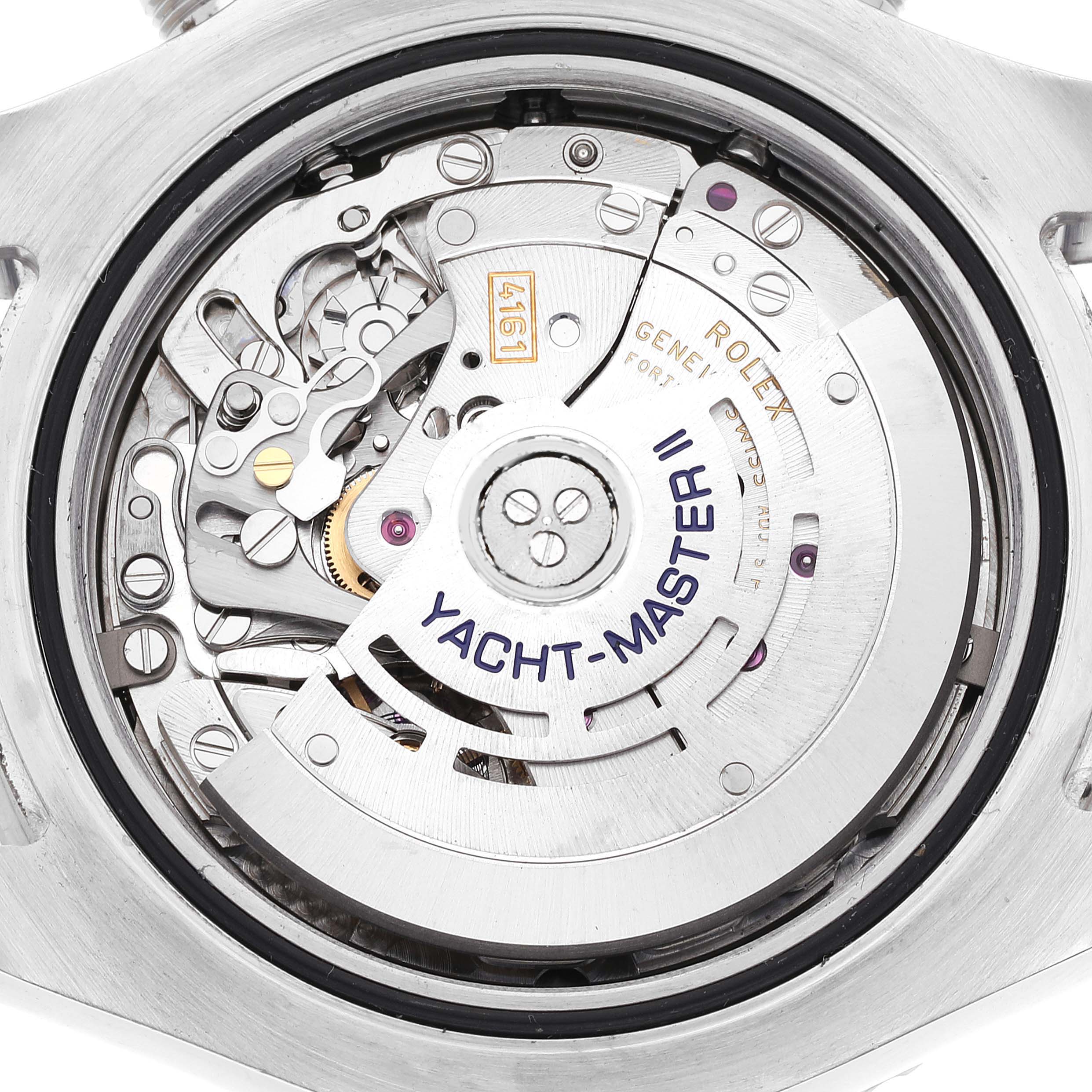 This image shows the open case back view of the Rolex Yacht-Master 116680 Men's Stainless Steel White Dial 116680 Men's Stainless Steel White Dial watch, revealing the movement components inside.