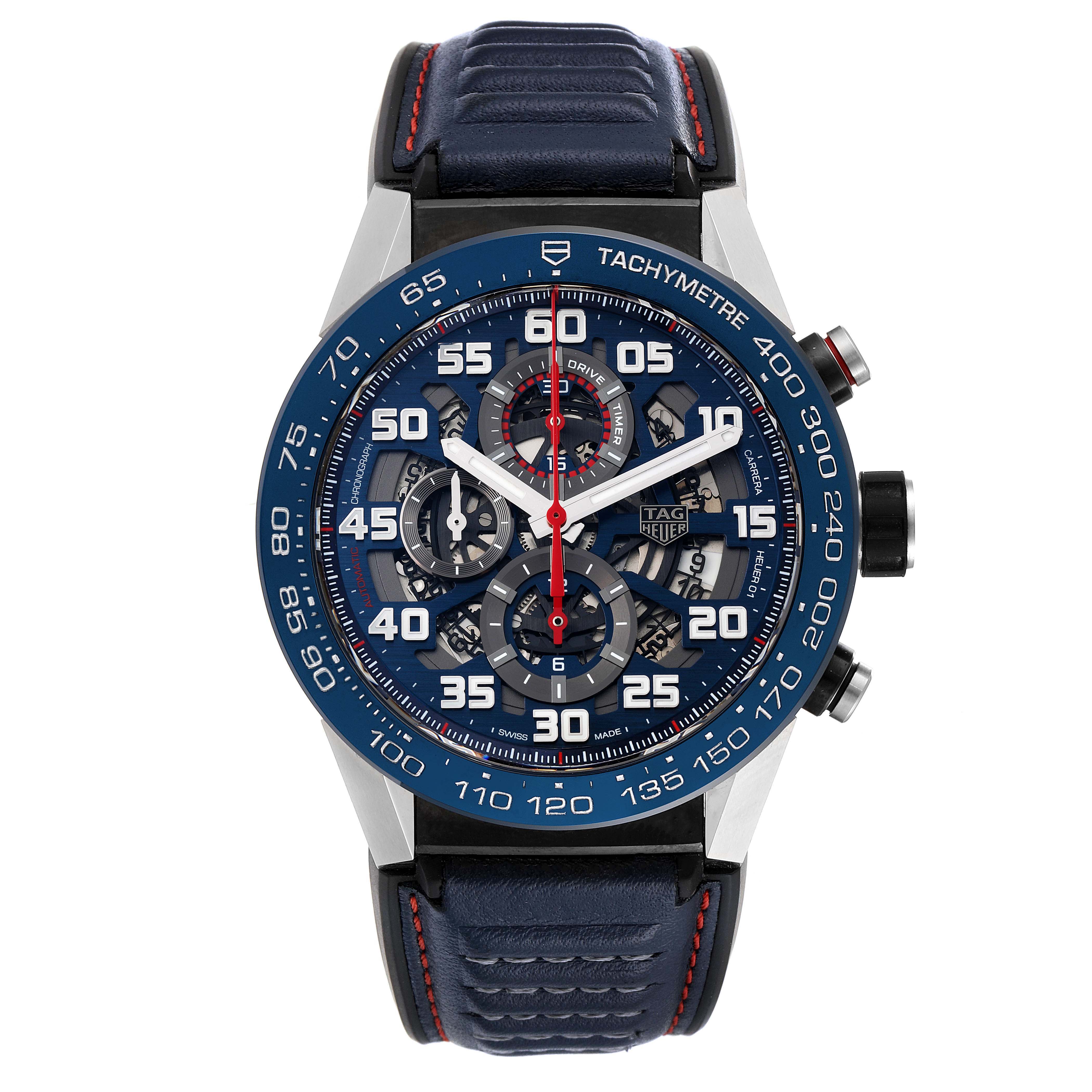 The image shows a frontal view of the Tag Heuer Carrera CAR2A1N.FT6100 Men's Stainless Steel Blue Dial CAR2A1N.FT6100 Men's Stainless Steel Blue Dial watch, displaying its detailed dial, blue bezel, and leather strap.