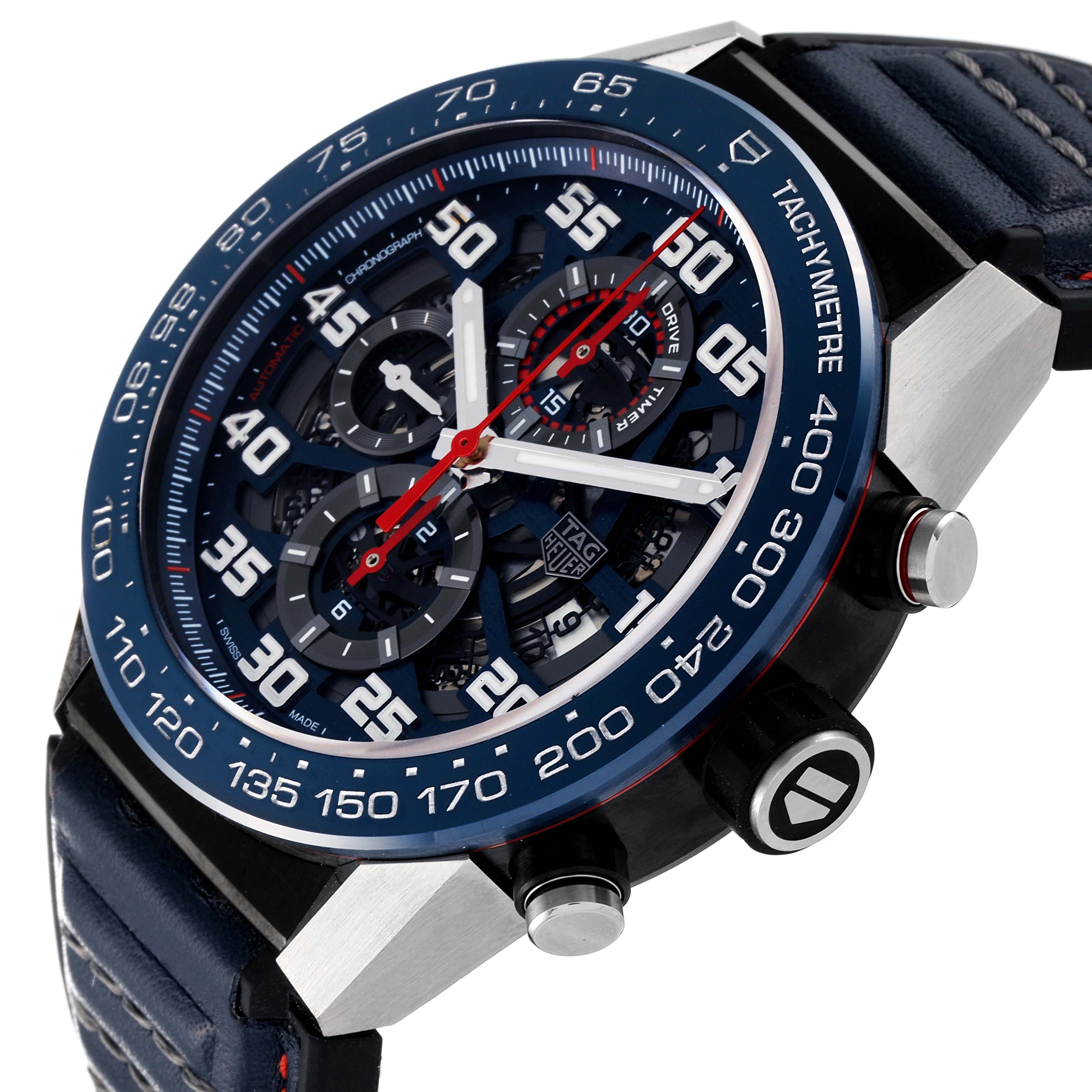 The image shows a Tag Heuer Carrera CAR2A1N.FT6100 Men's Stainless Steel Blue Dial CAR2A1N.FT6100 Men's Stainless Steel Blue Dial watch from an angled close-up, highlighting the dial, crown, and part of the strap.