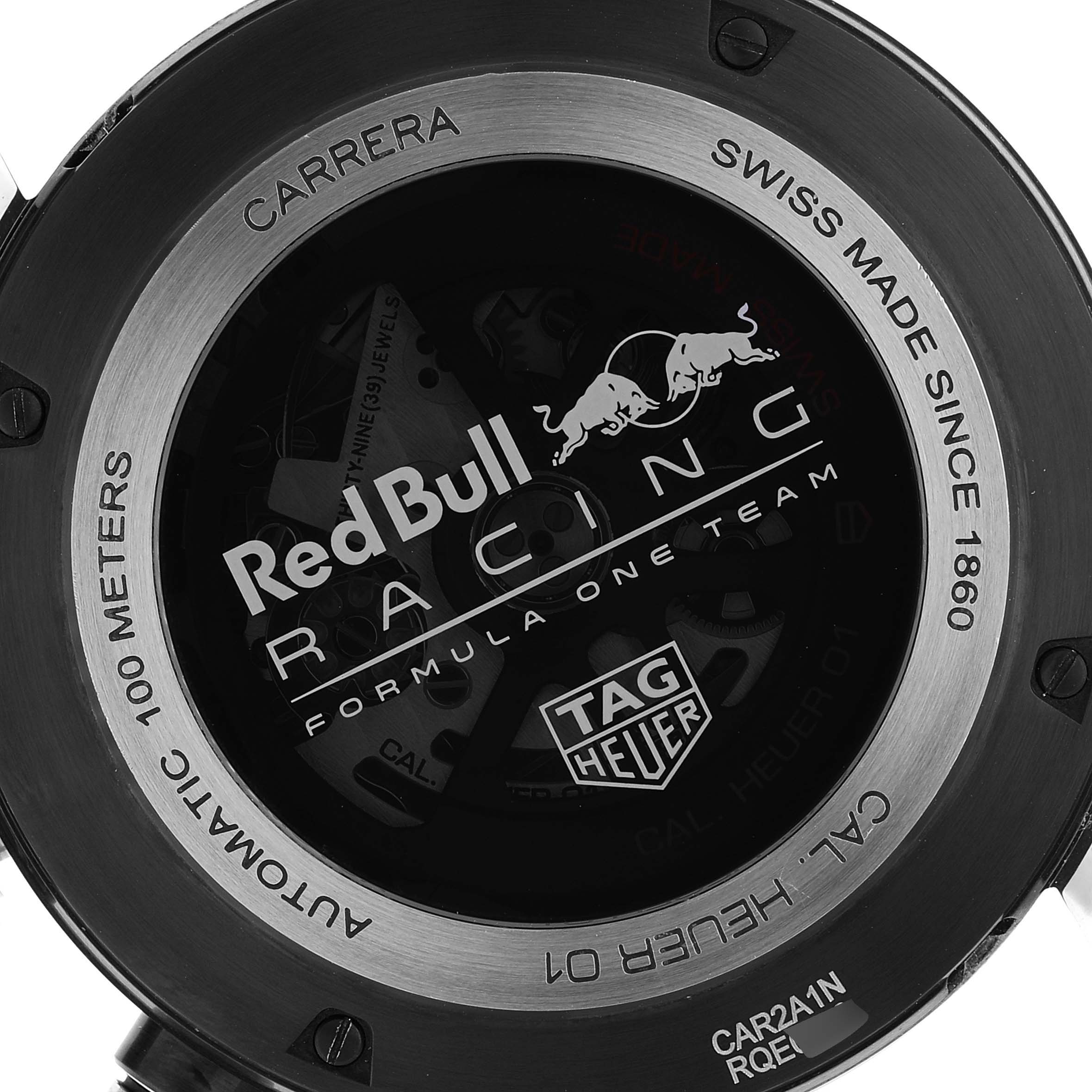 This image shows the back casing of a Tag Heuer Carrera CAR2A1N.FT6100 Men's Stainless Steel Blue Dial CAR2A1N.FT6100 Men's Stainless Steel Blue Dial watch, featuring Red Bull Racing branding.