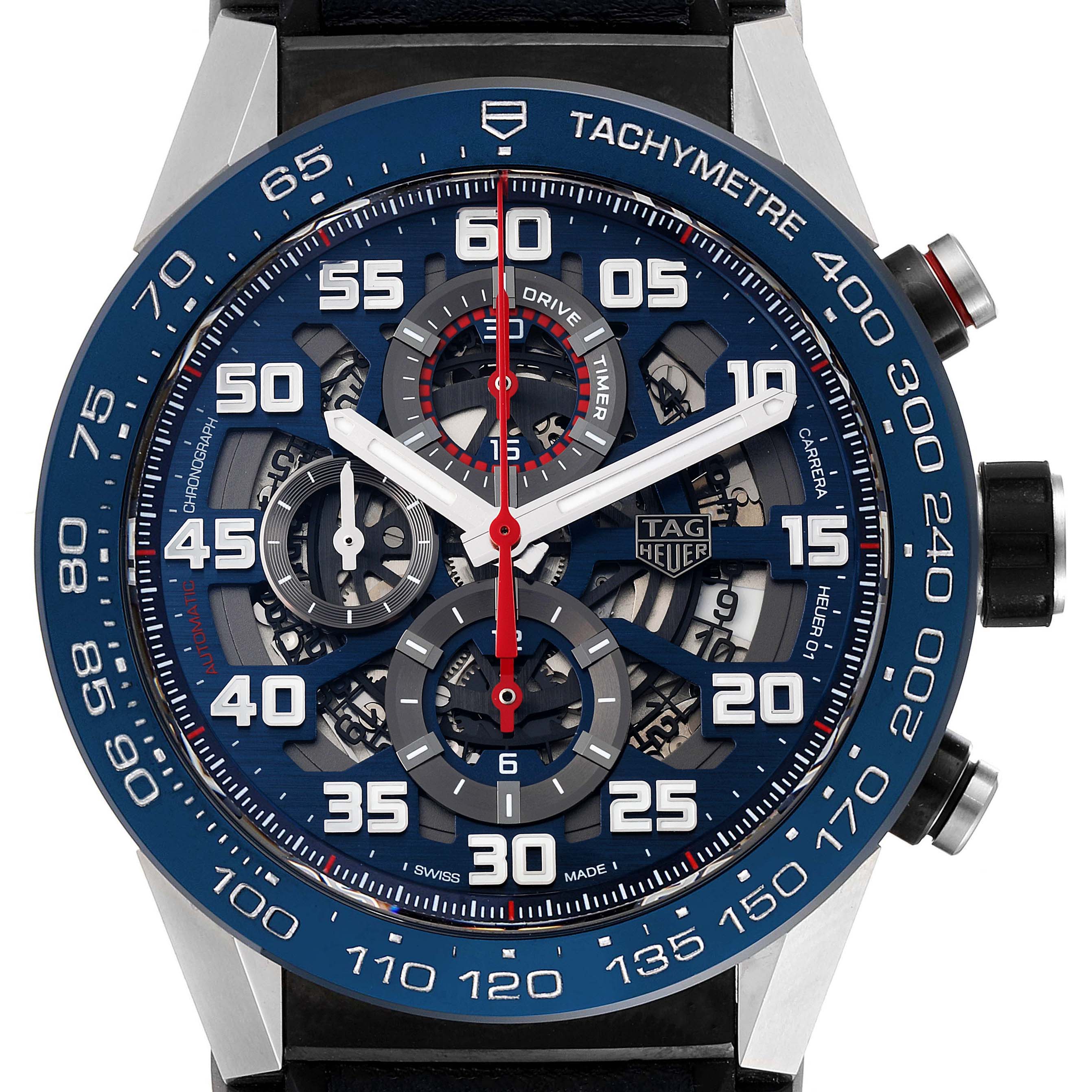 The image shows a close-up of the dial and bezel of the Tag Heuer Carrera CAR2A1N.FT6100 Men's Stainless Steel Blue Dial CAR2A1N.FT6100 Men's Stainless Steel Blue Dial watch, displaying its tachymeter scale and chronograph sub-dials.