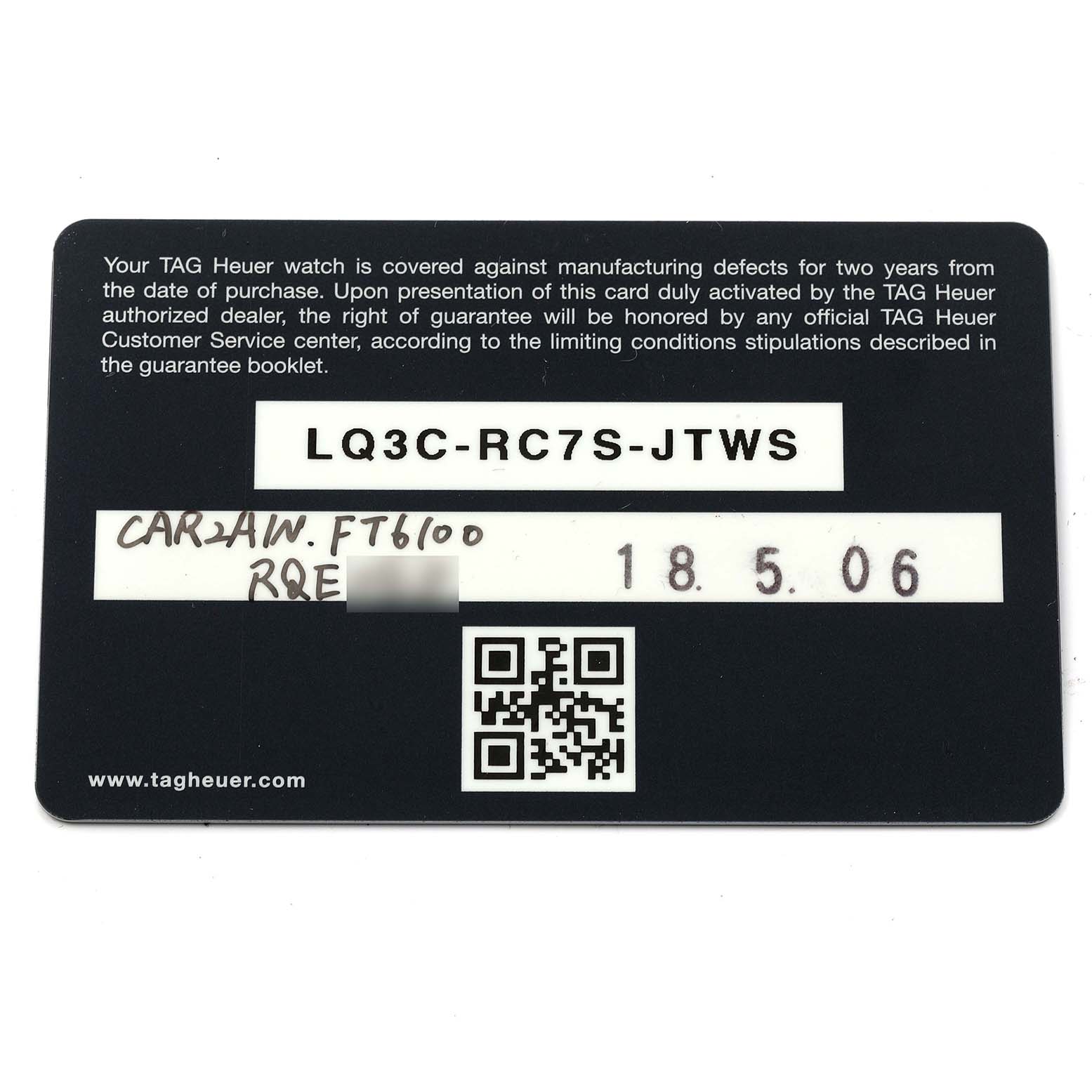 This image shows a guarantee card for the Tag Heuer Carrera CAR2A1N.FT6100 Men's Stainless Steel Blue Dial CAR2A1N.FT6100 Men's Stainless Steel Blue Dial watch model.