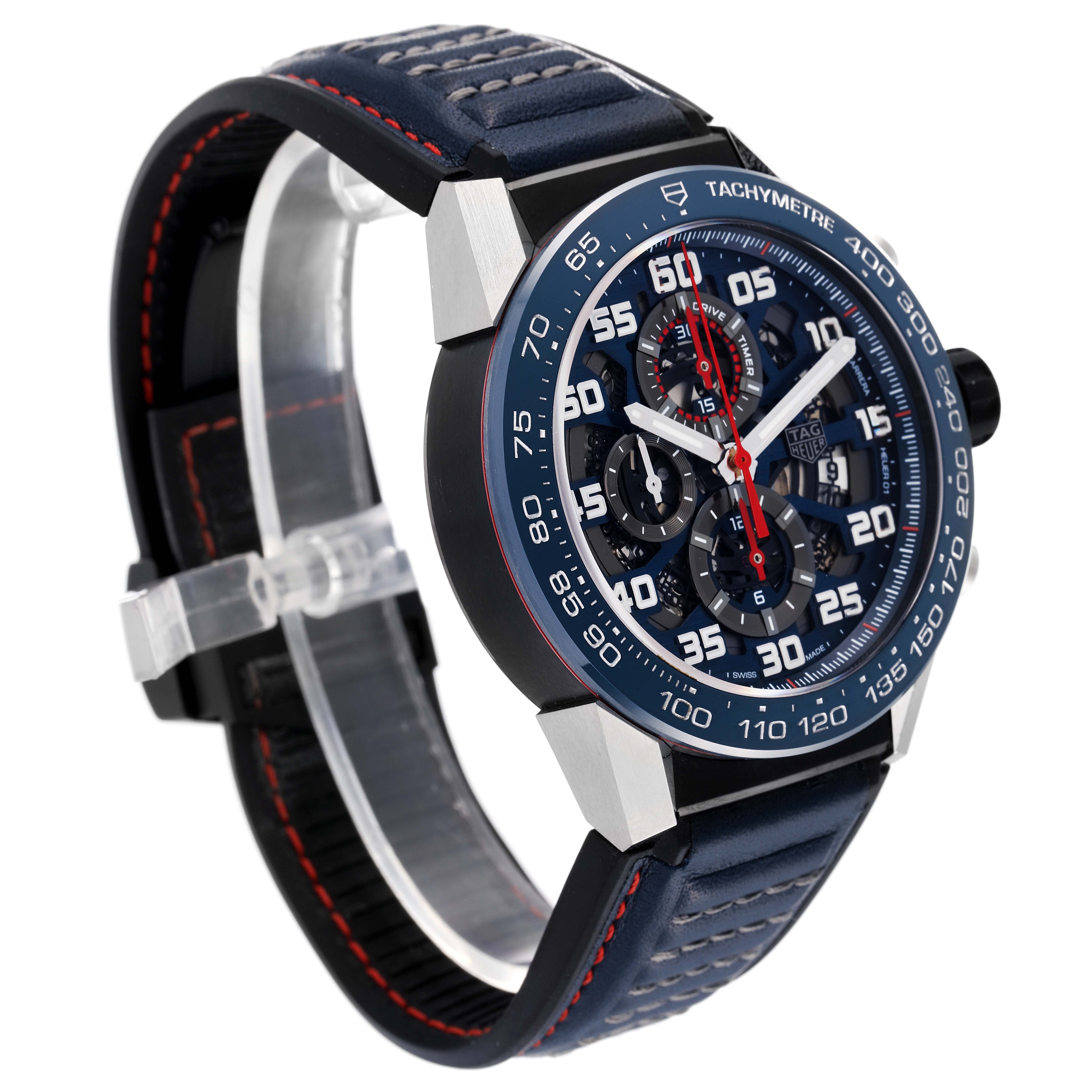 The image shows a side-angle view of a Tag Heuer Carrera CAR2A1N.FT6100 Men's Stainless Steel Blue Dial CAR2A1N.FT6100 Men's Stainless Steel Blue Dial watch, highlighting the face, case, and partially the strap.