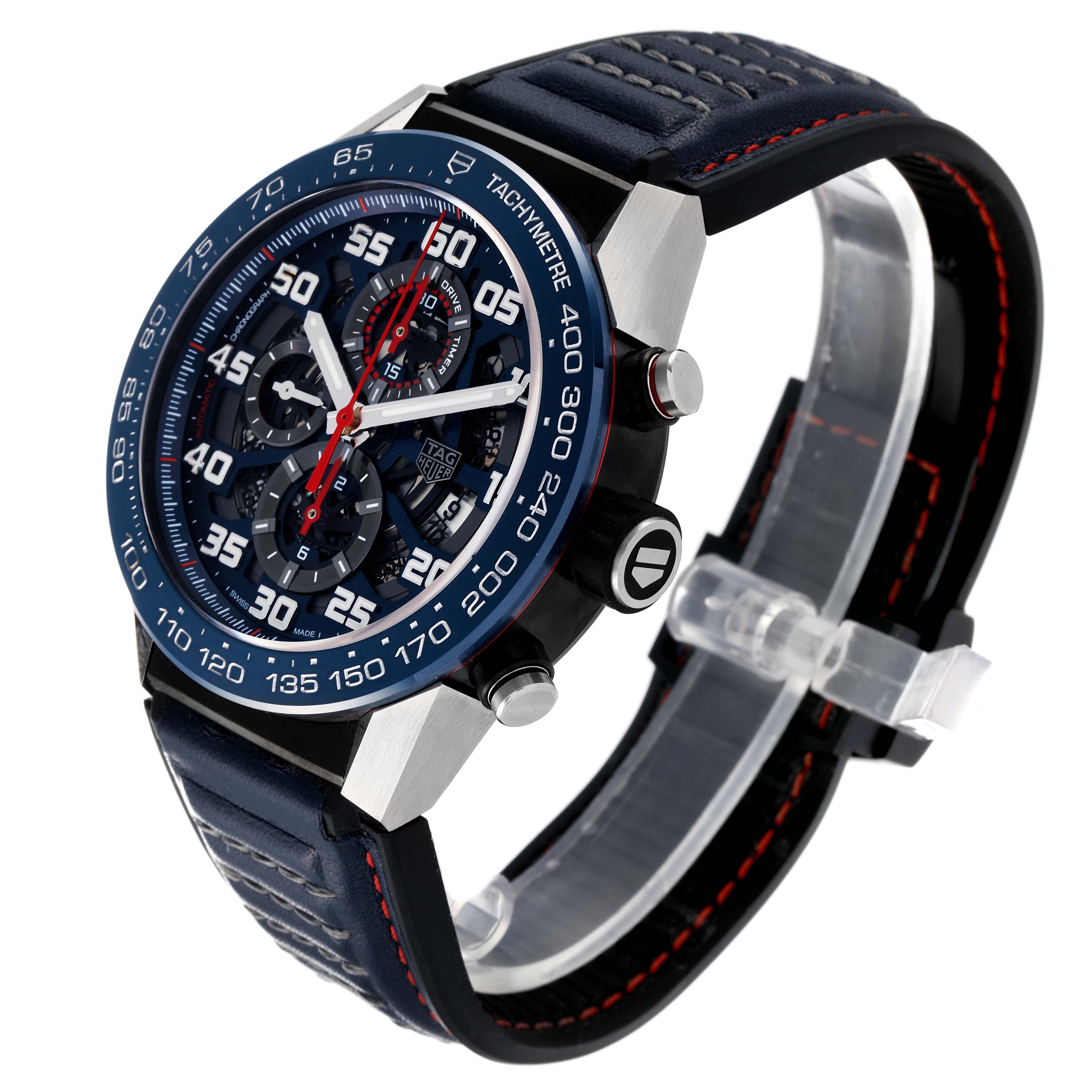 This image shows a Tag Heuer Carrera CAR2A1N.FT6100 Men's Stainless Steel Blue Dial CAR2A1N.FT6100 Men's Stainless Steel Blue Dial watch at a three-quarter angle, highlighting the face, tachymeter, pushers, and leather strap.