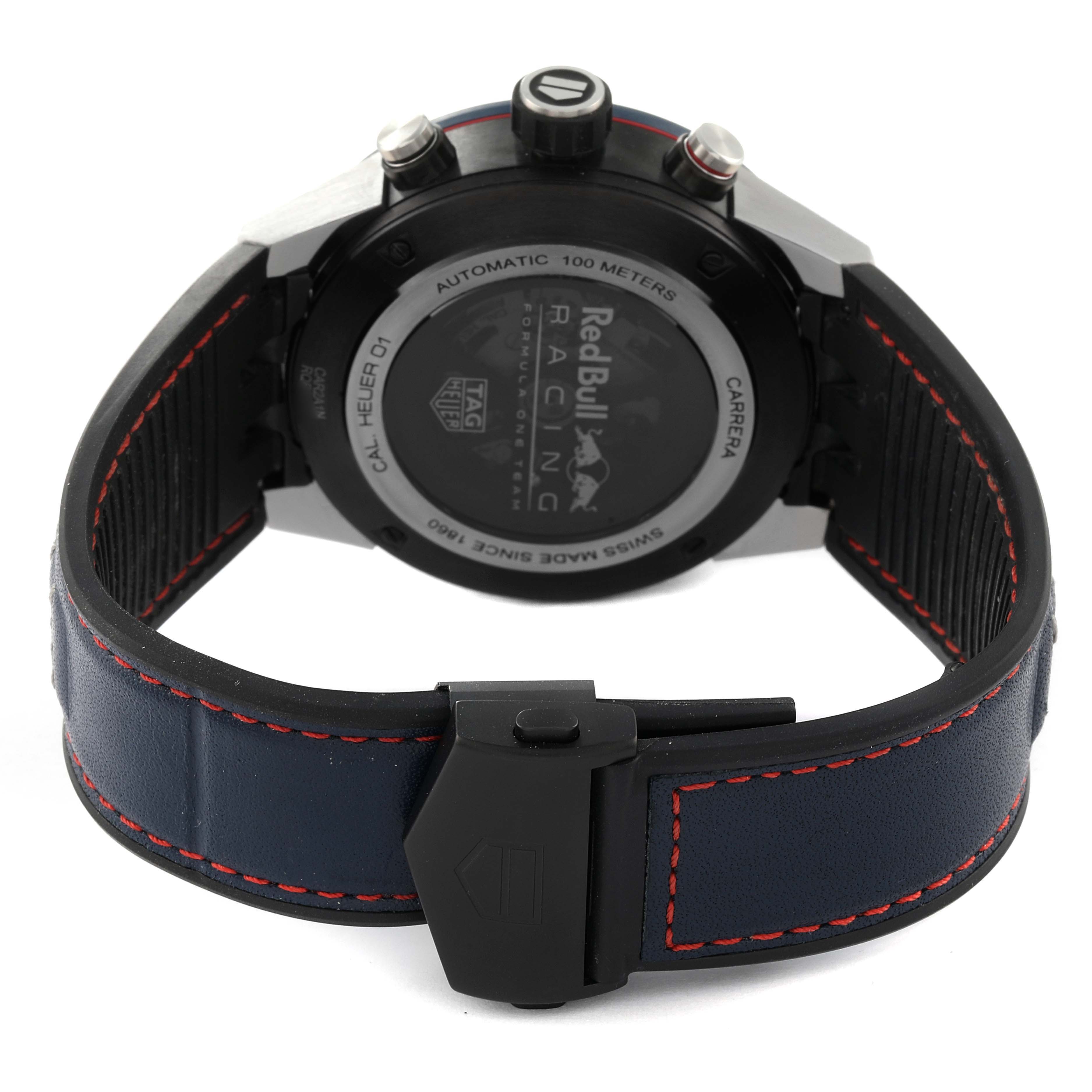 The image displays the back view of a Tag Heuer Carrera CAR2A1N.FT6100 Men's Stainless Steel Blue Dial CAR2A1N.FT6100 Men's Stainless Steel Blue Dial model watch with a focus on the case back and strap.