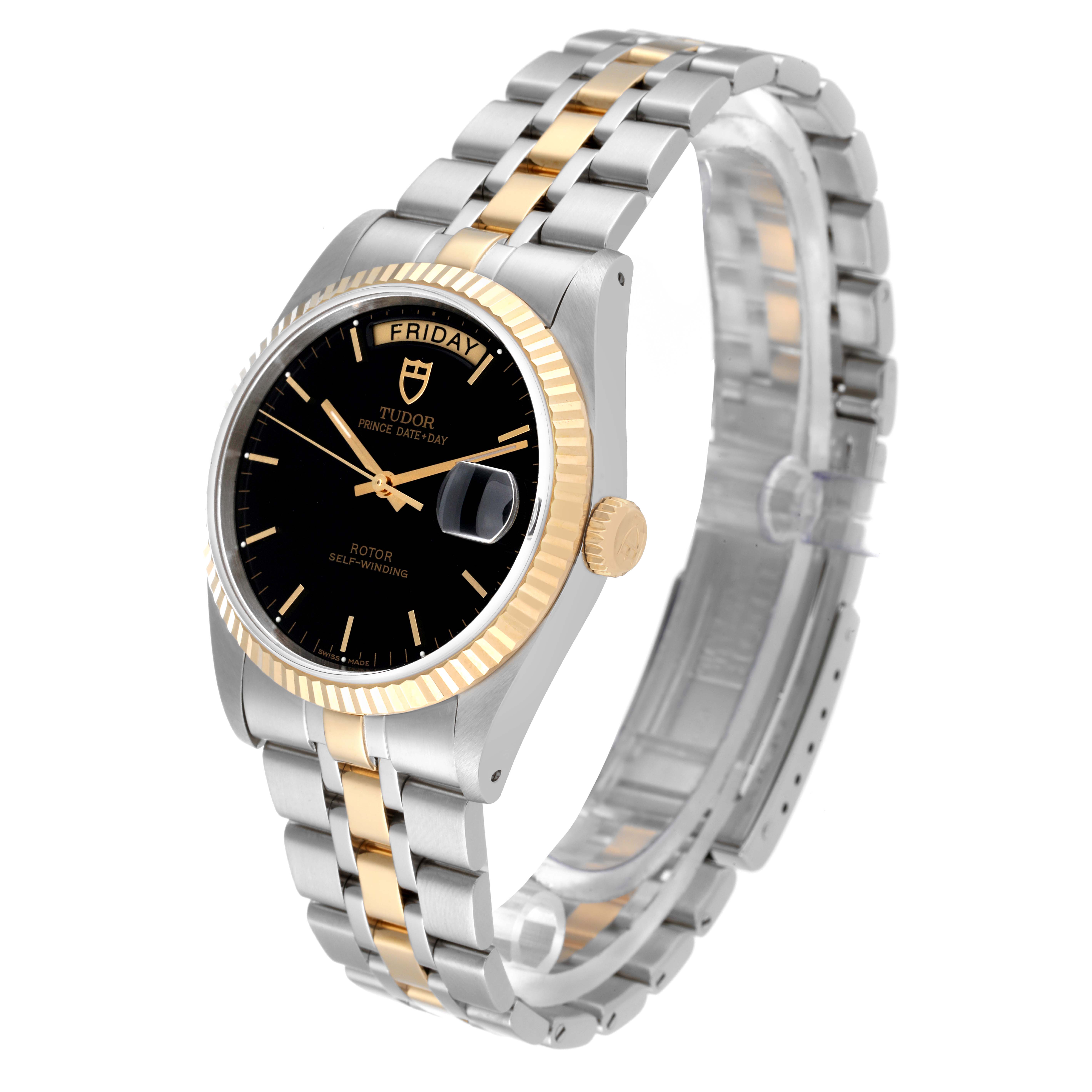 The Tudor Prince 76213 Men's Steel and Gold (two tone) Black Dial 76213 Men's Steel and Gold (two tone) Black Dial model watch is shown at an angle displaying its face, bezel, bracelet, and crown.