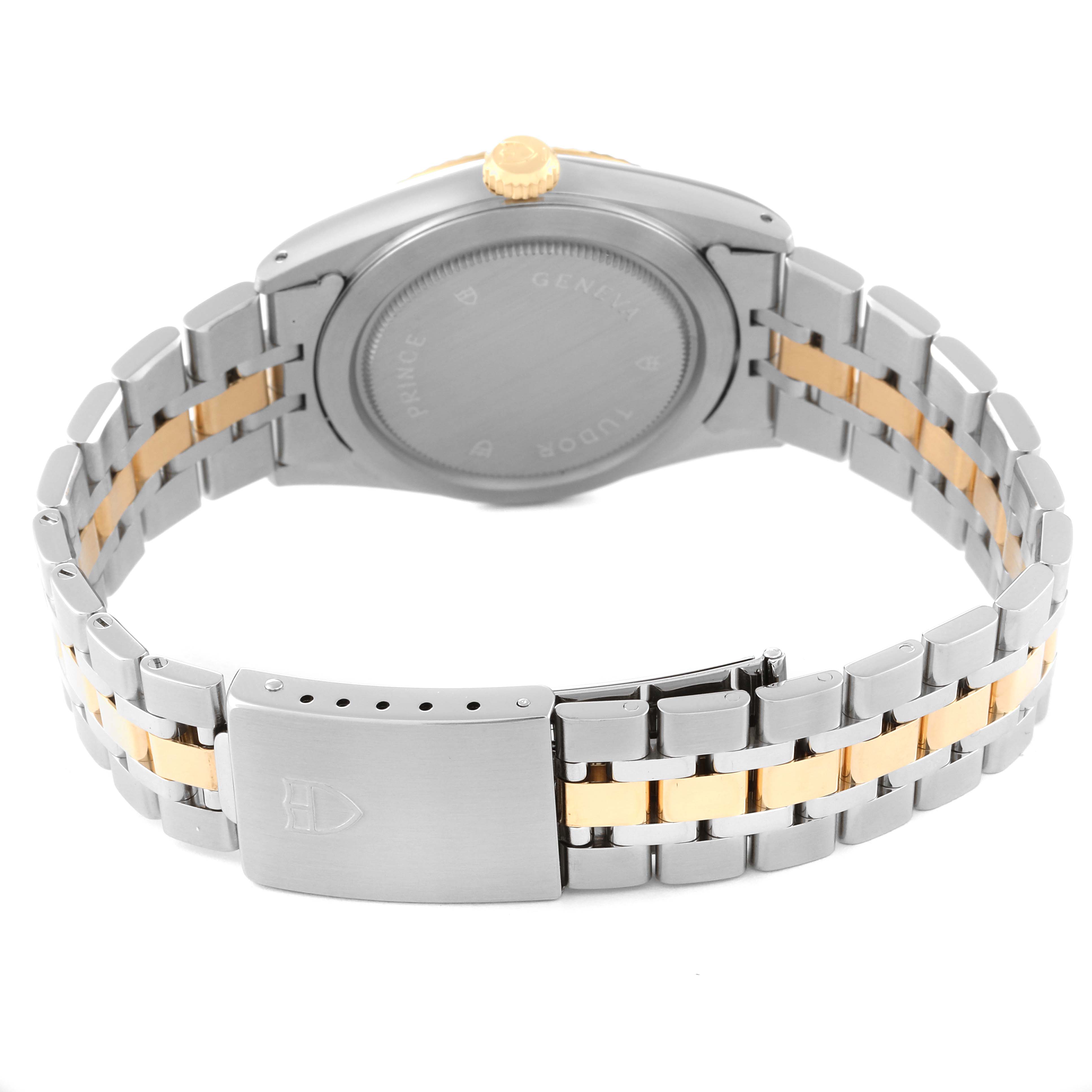The image shows the back of a Tudor Prince 76213 Men's Steel and Gold (two tone) Black Dial 76213 Men's Steel and Gold (two tone) Black Dial watch, highlighting the case back, clasp, and two-tone bracelet.