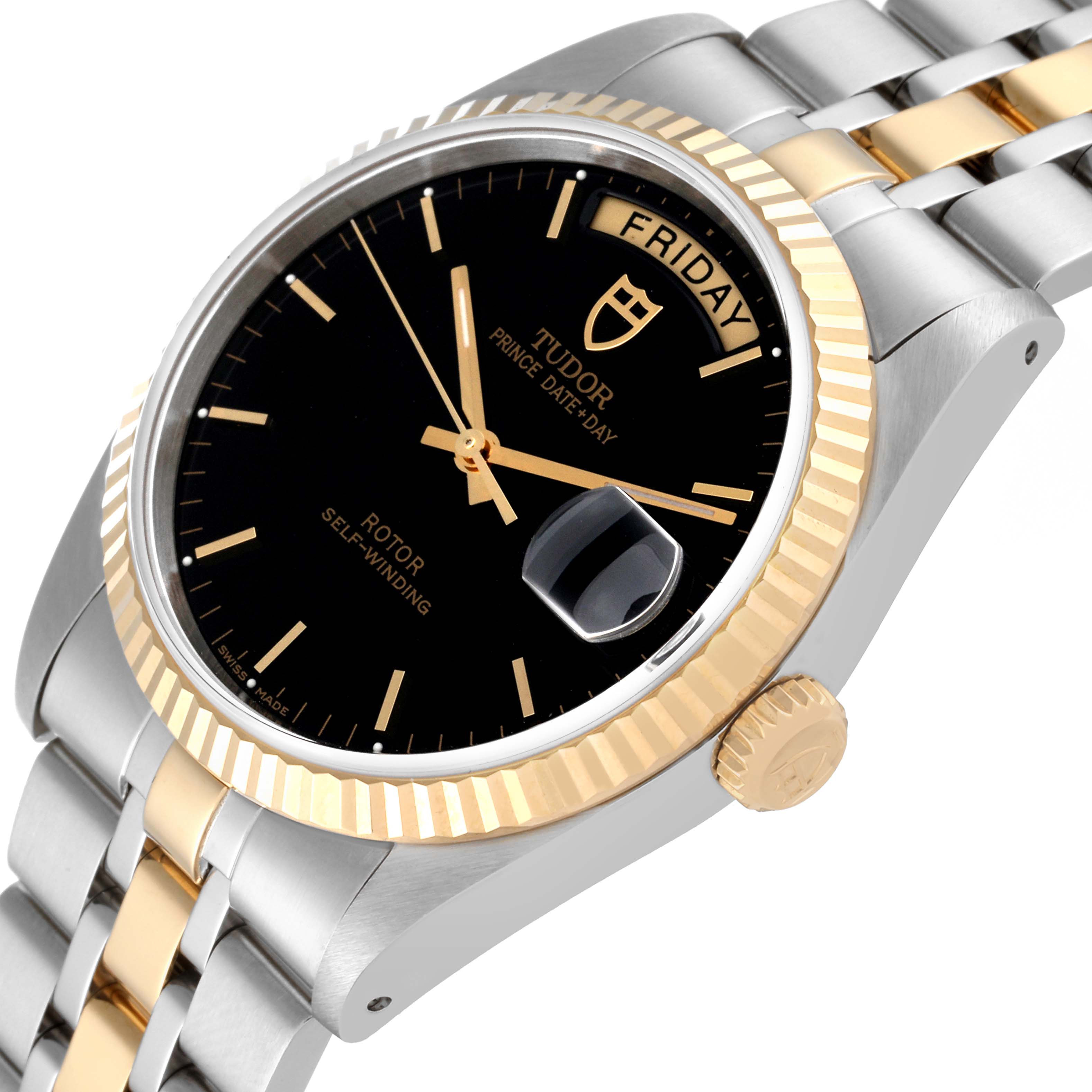 The Tudor Prince 76213 Men's Steel and Gold (two tone) Black Dial 76213 Men's Steel and Gold (two tone) Black Dial watch is shown at an angled view, highlighting the dial, case, crown, and part of the bracelet.