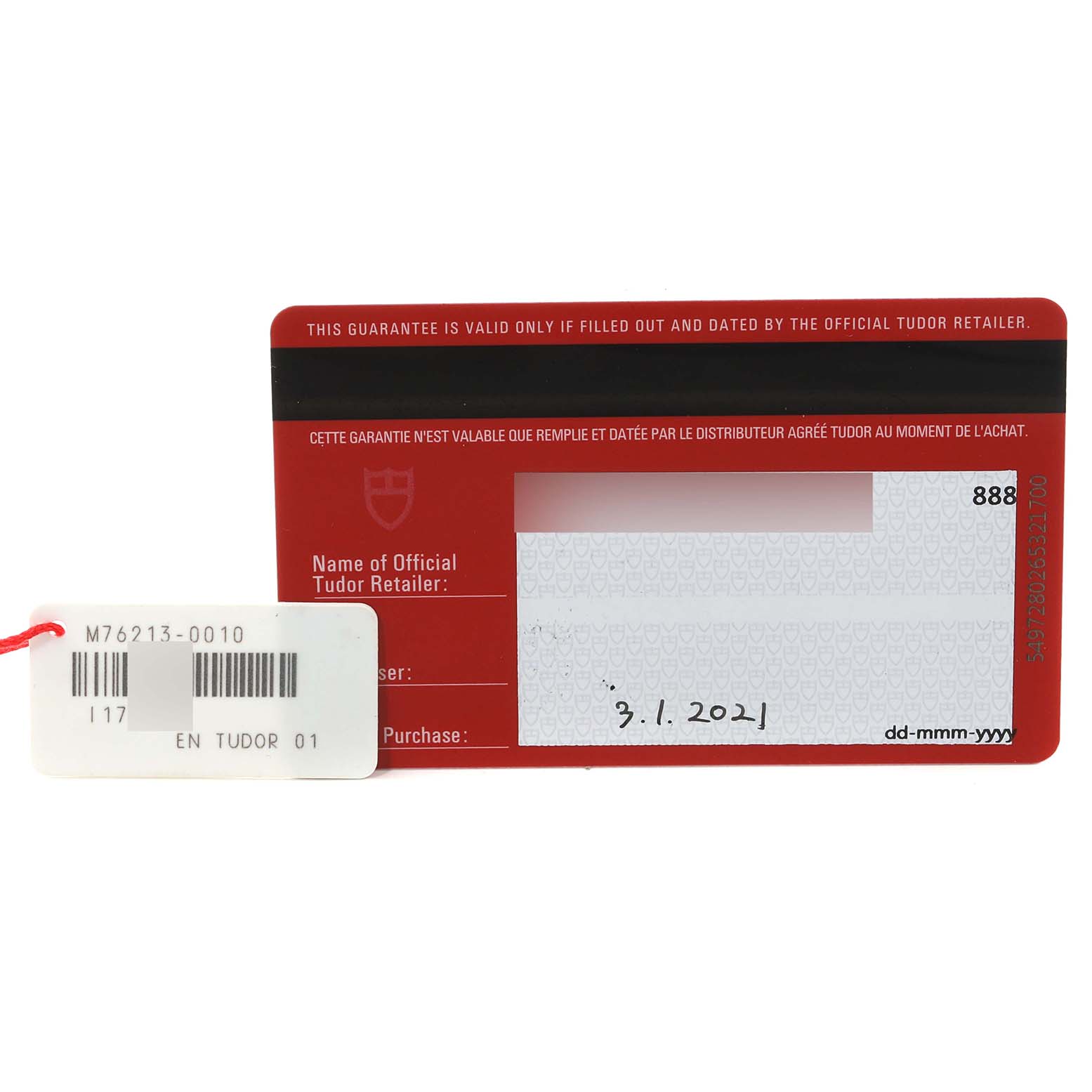 The image shows a warranty card and tag for the Tudor Prince 76213 Men's Steel and Gold (two tone) Black Dial 76213 Men's Steel and Gold (two tone) Black Dial model watch, indicating purchase and official retailer details.