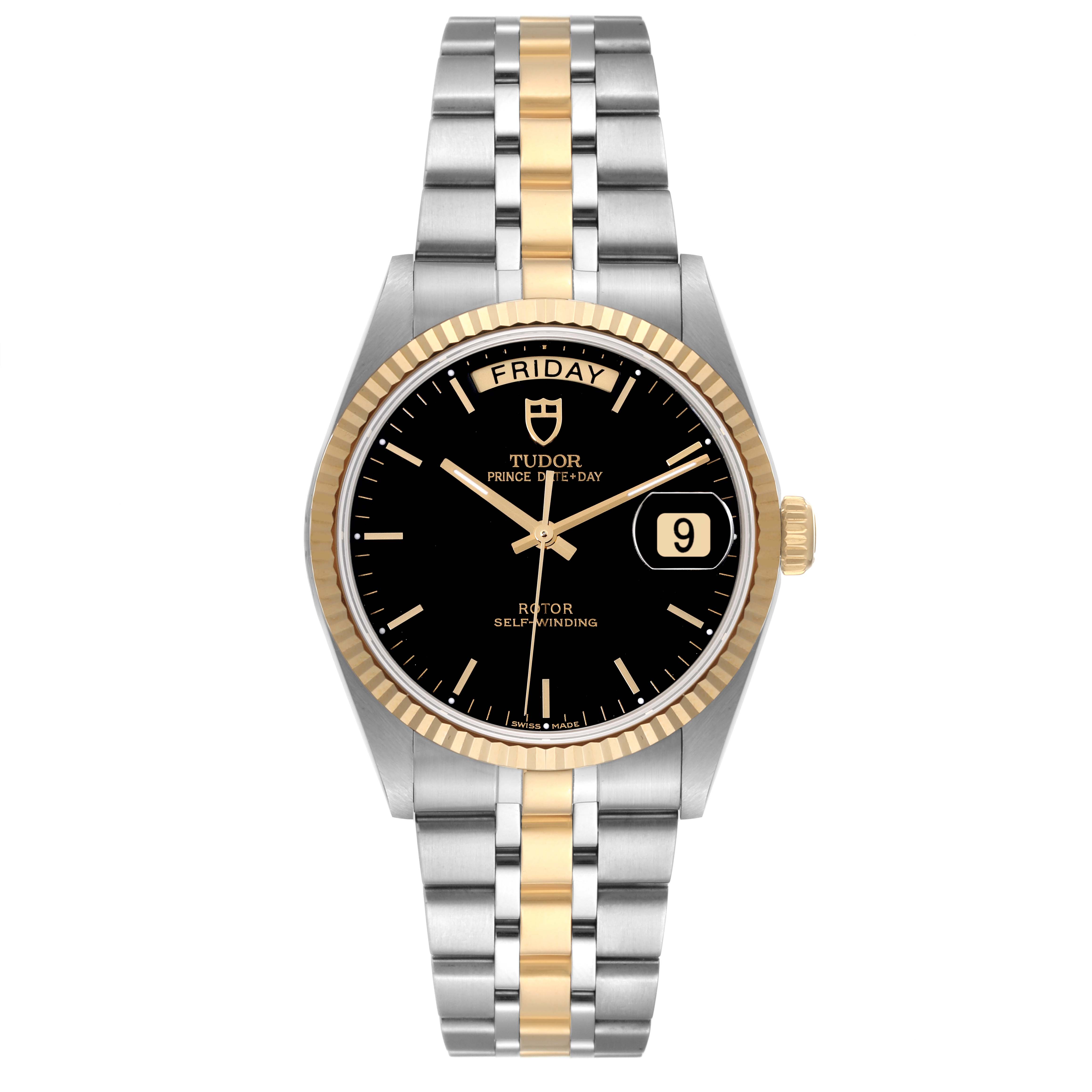The Tudor Prince 76213 Men's Steel and Gold (two tone) Black Dial 76213 Men's Steel and Gold (two tone) Black Dial model watch is shown from the front, displaying the dial, day and date functions, bezel, and bracelet.