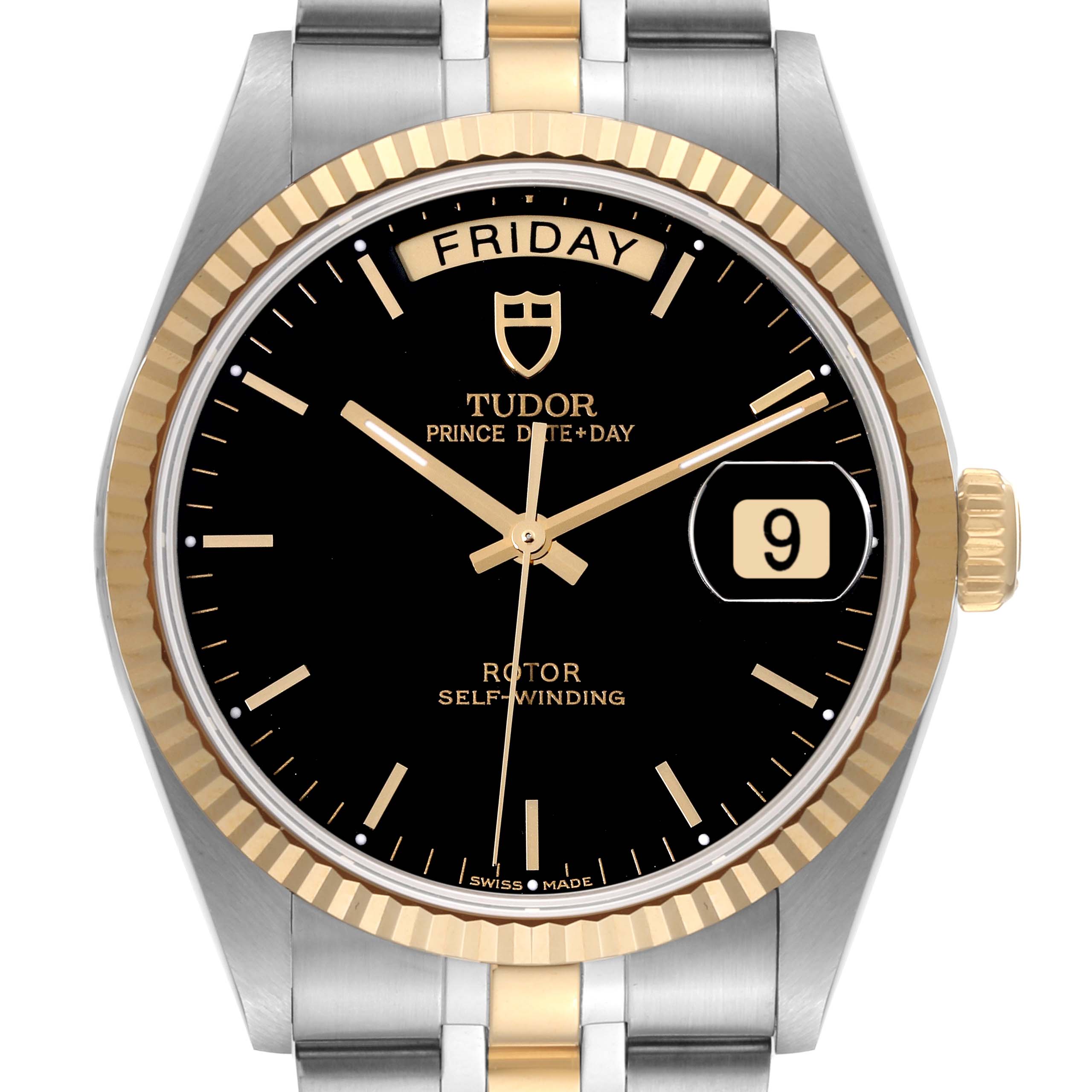 This image shows a front view of the Tudor Prince 76213 Men's Steel and Gold (two tone) Black Dial 76213 Men's Steel and Gold (two tone) Black Dial Date+Day model, highlighting its dial, bezel, and part of its bracelet.