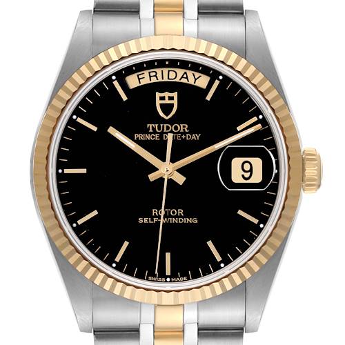 Photo of Tudor Day Date Black Dial Steel Yellow Gold Mens Watch 76213 Box Card