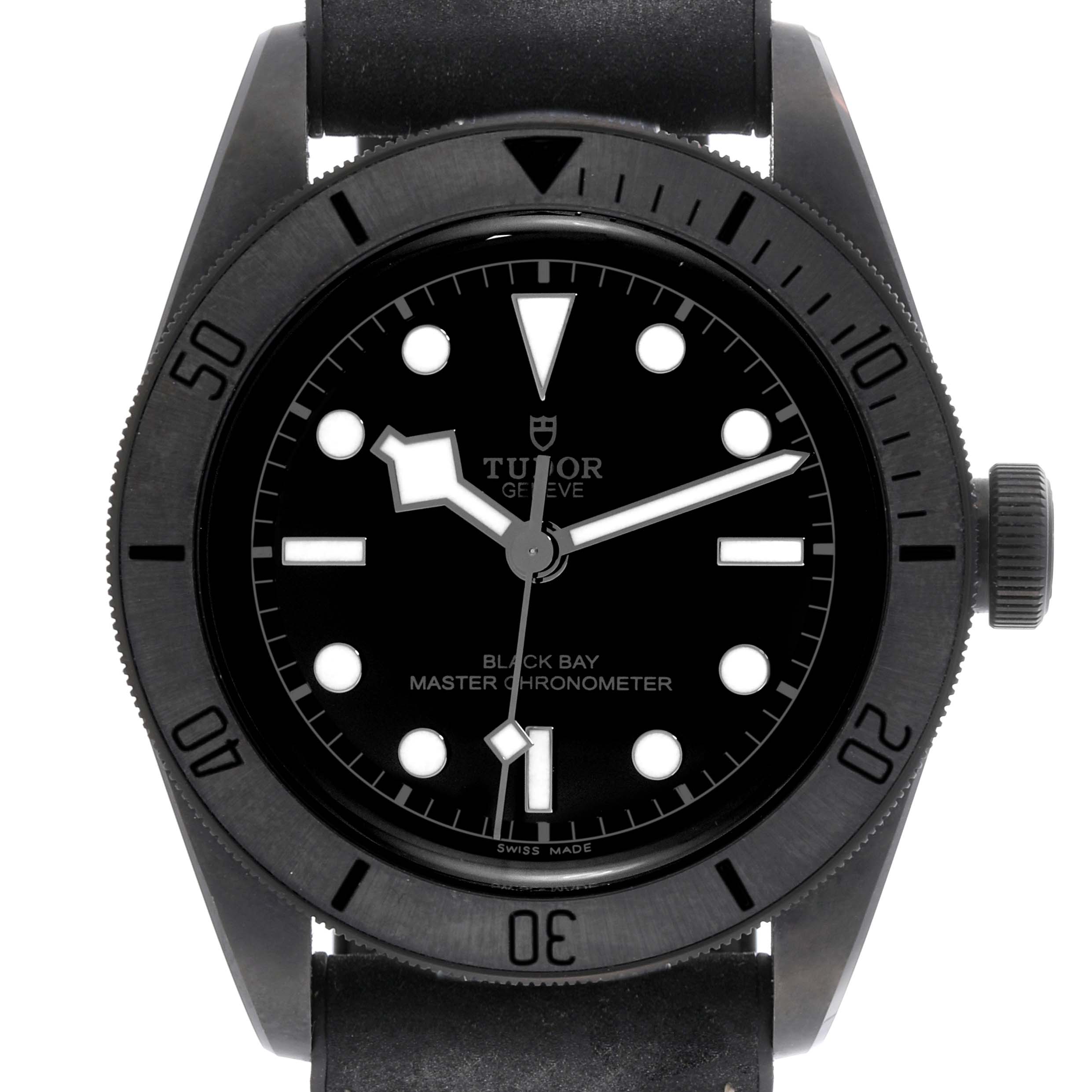 The Tudor Heritage Black Bay 79210CNU Men's Ceramic Black Dial 79210CNU Men's Ceramic Black Dial watch is shown from a front angle, displaying its dial, bezel, and crown.