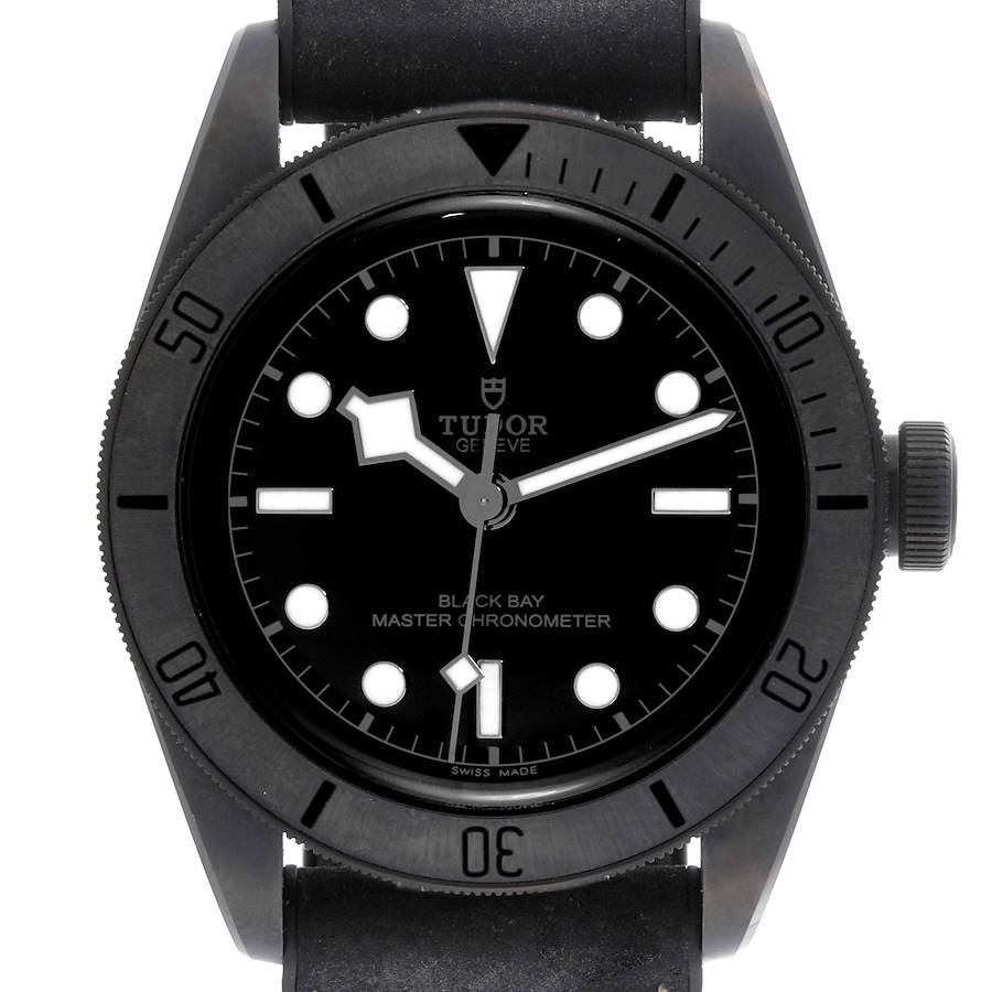 The Tudor Heritage Black Bay watch is shown from a front angle, displaying its dial, bezel, and crown.