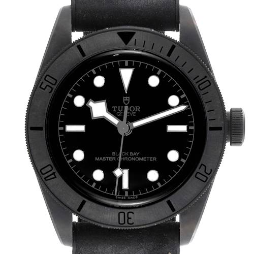 The Tudor Heritage Black Bay watch is shown from the front, displaying its dial, bezel, and crown.