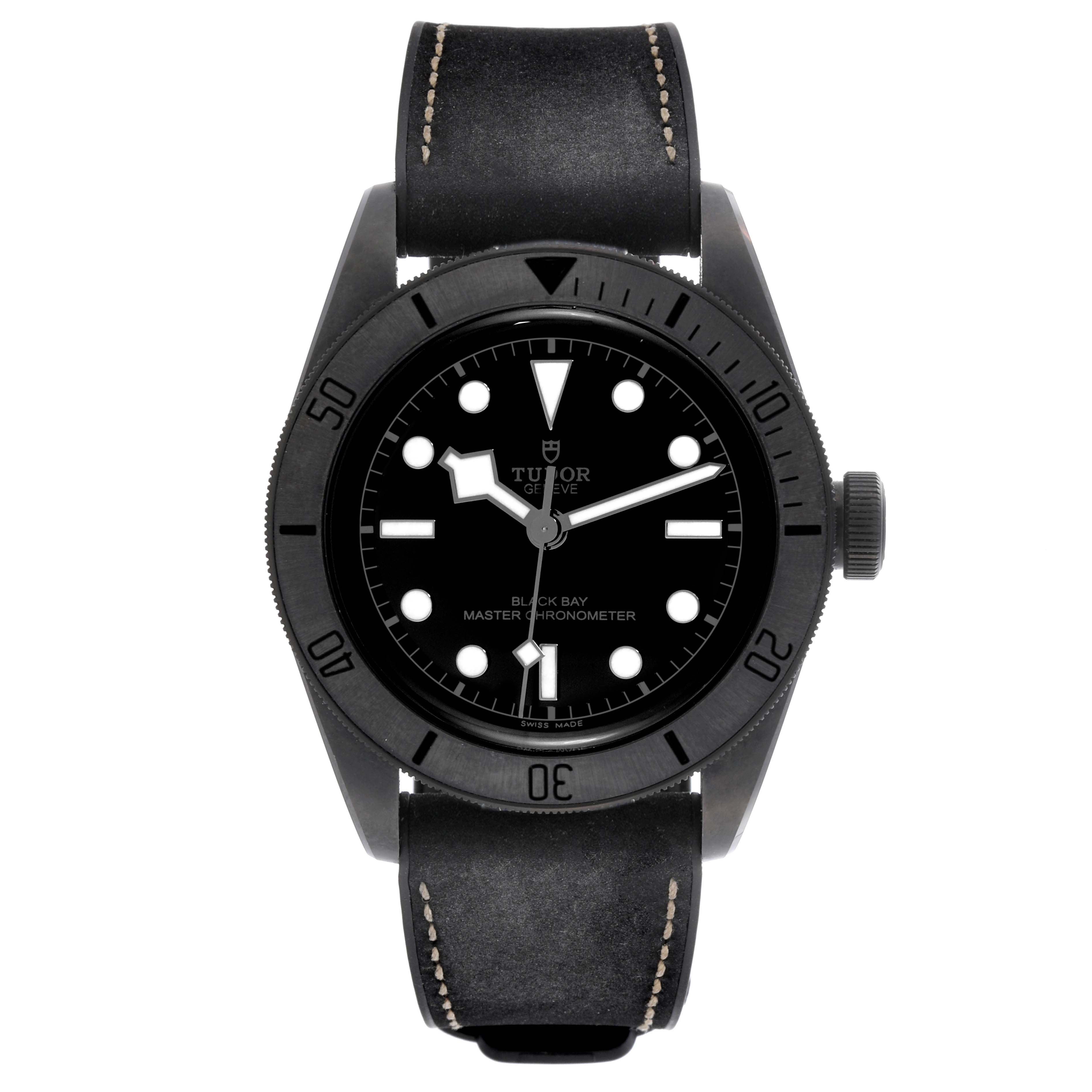 The Tudor Heritage Black Bay 79210CNU Men's Ceramic Black Dial 79210CNU Men's Ceramic Black Dial watch is shown from a top-down angle, displaying the face, bezel, strap, and crown.