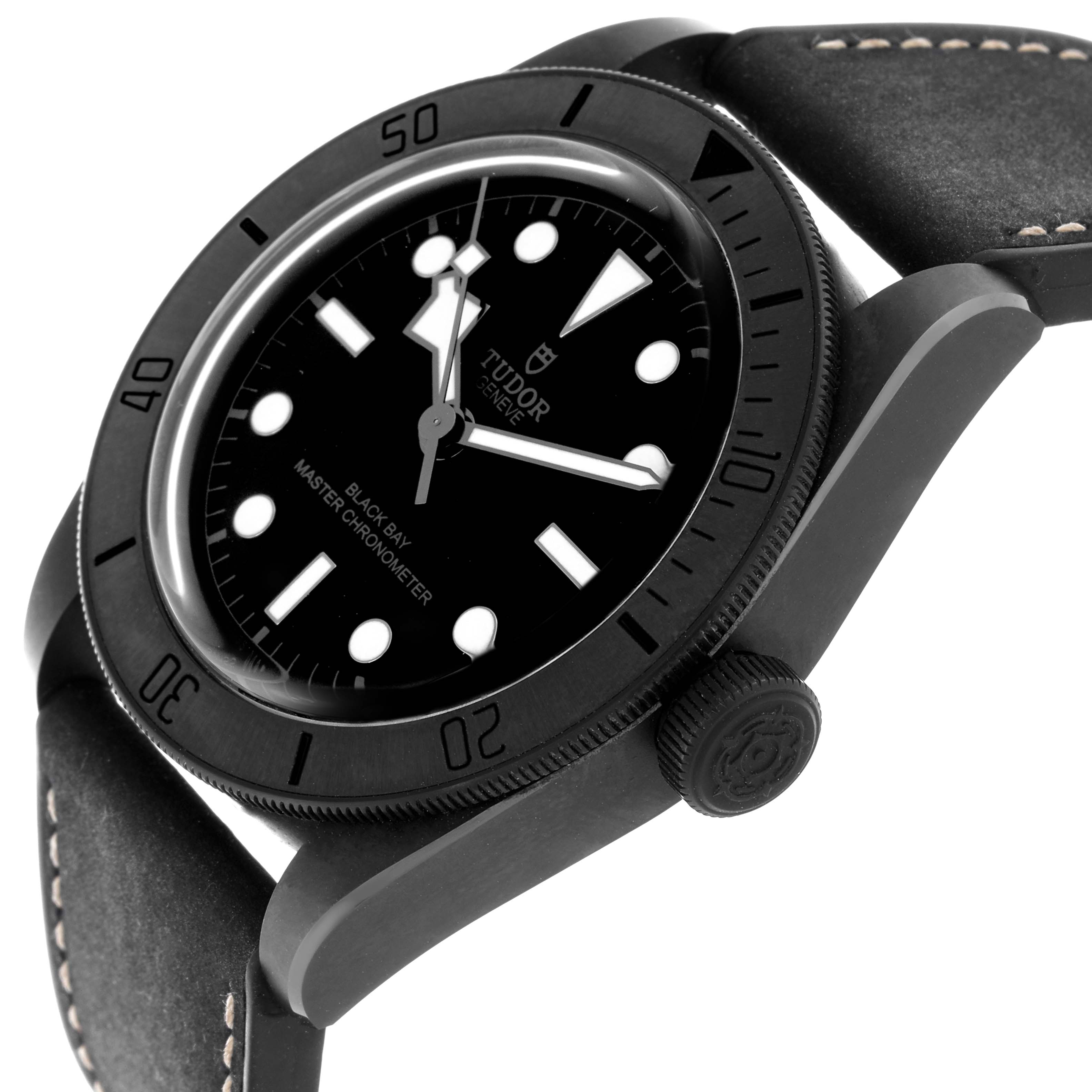 The Tudor Heritage Black Bay 79210CNU Men's Ceramic Black Dial 79210CNU Men's Ceramic Black Dial watch is shown from an angled side view, highlighting the bezel, dial, and strap.