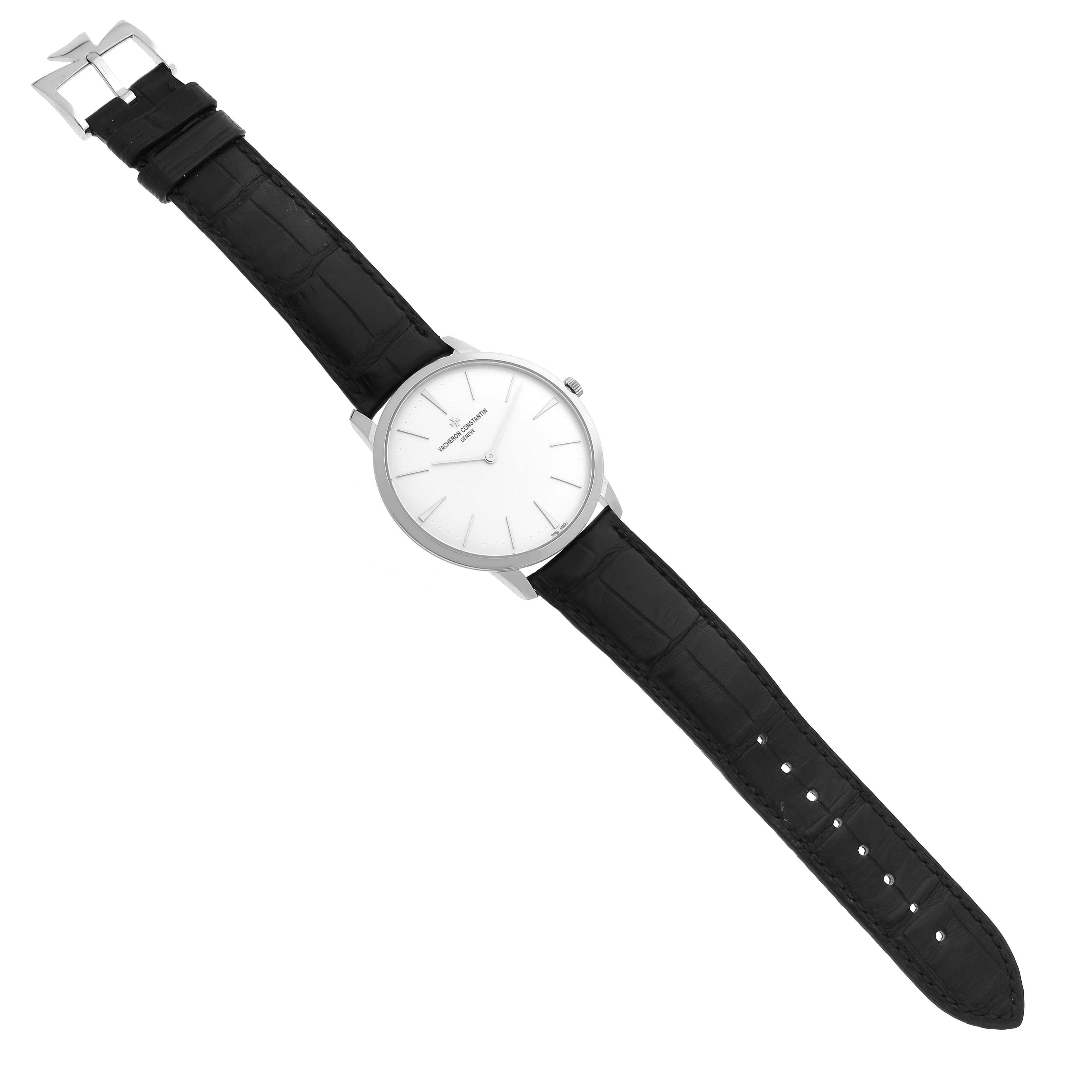 The Vacheron Constantin Patrimony 81180/000G Men's White Gold Silver Dial 81180/000G Men's White Gold Silver Dial watch is shown flat with a full view of the dial, leather strap, and buckle.