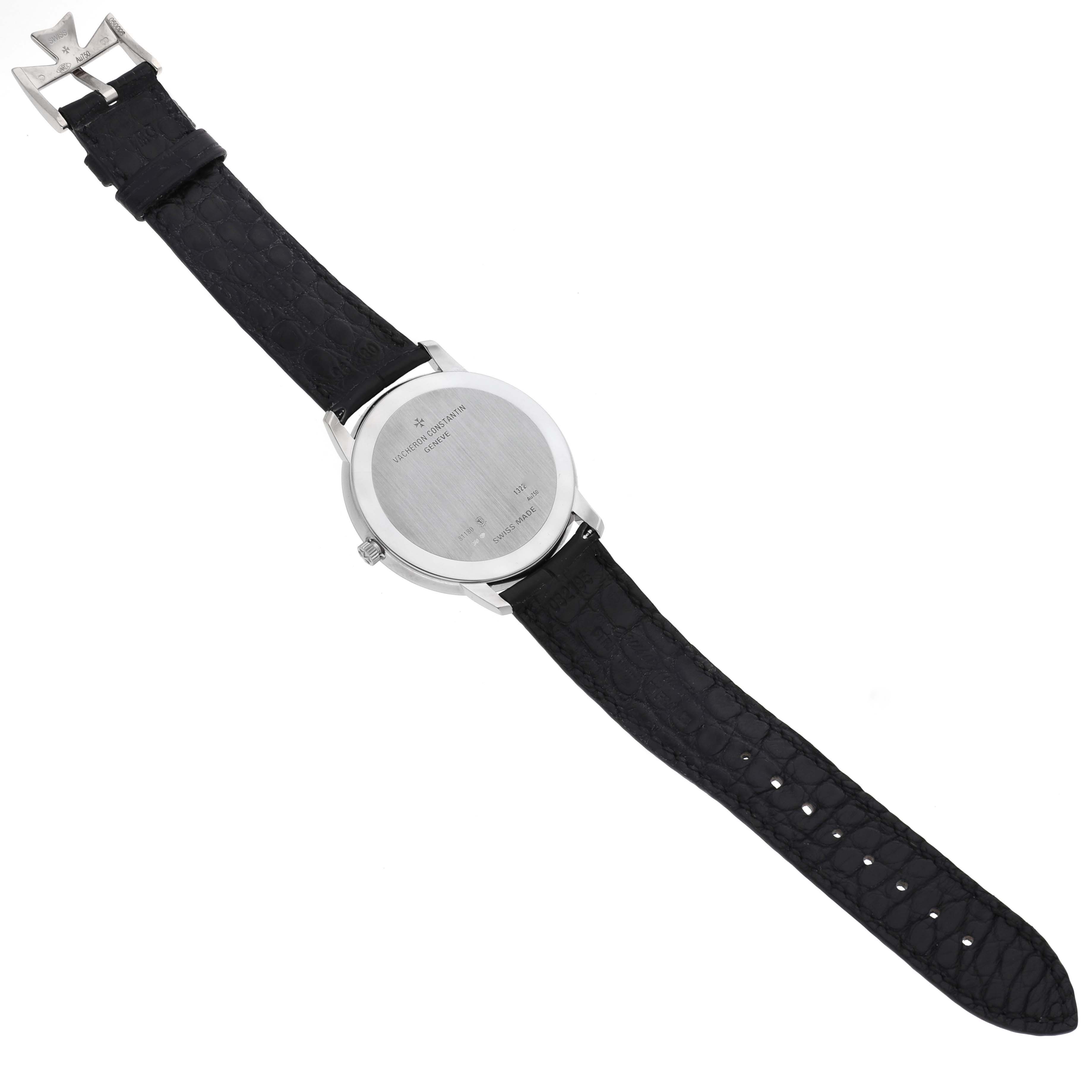 The image shows the back view of a Vacheron Constantin Patrimony 81180/000G Men's White Gold Silver Dial 81180/000G Men's White Gold Silver Dial watch, displaying the case back, strap, and buckle.