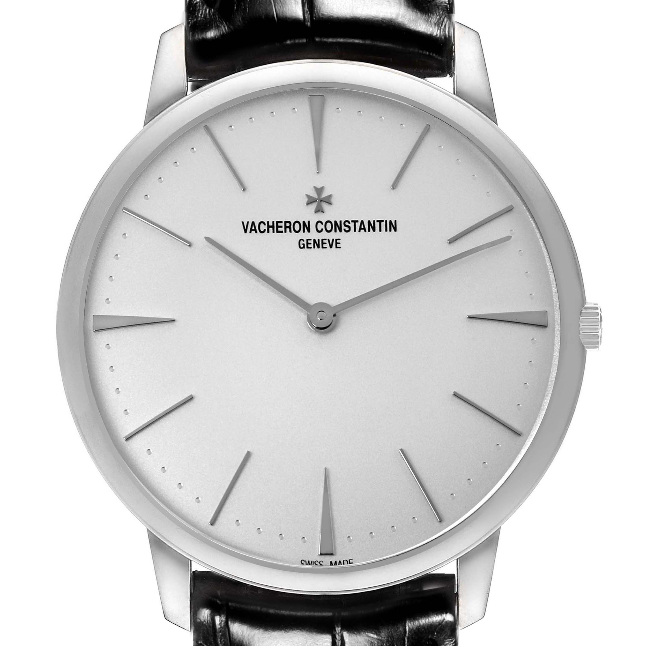 The image shows a frontal view of the Vacheron Constantin Patrimony 81180/000G Men's White Gold Silver Dial 81180/000G Men's White Gold Silver Dial watch, highlighting its dial and strap connection.