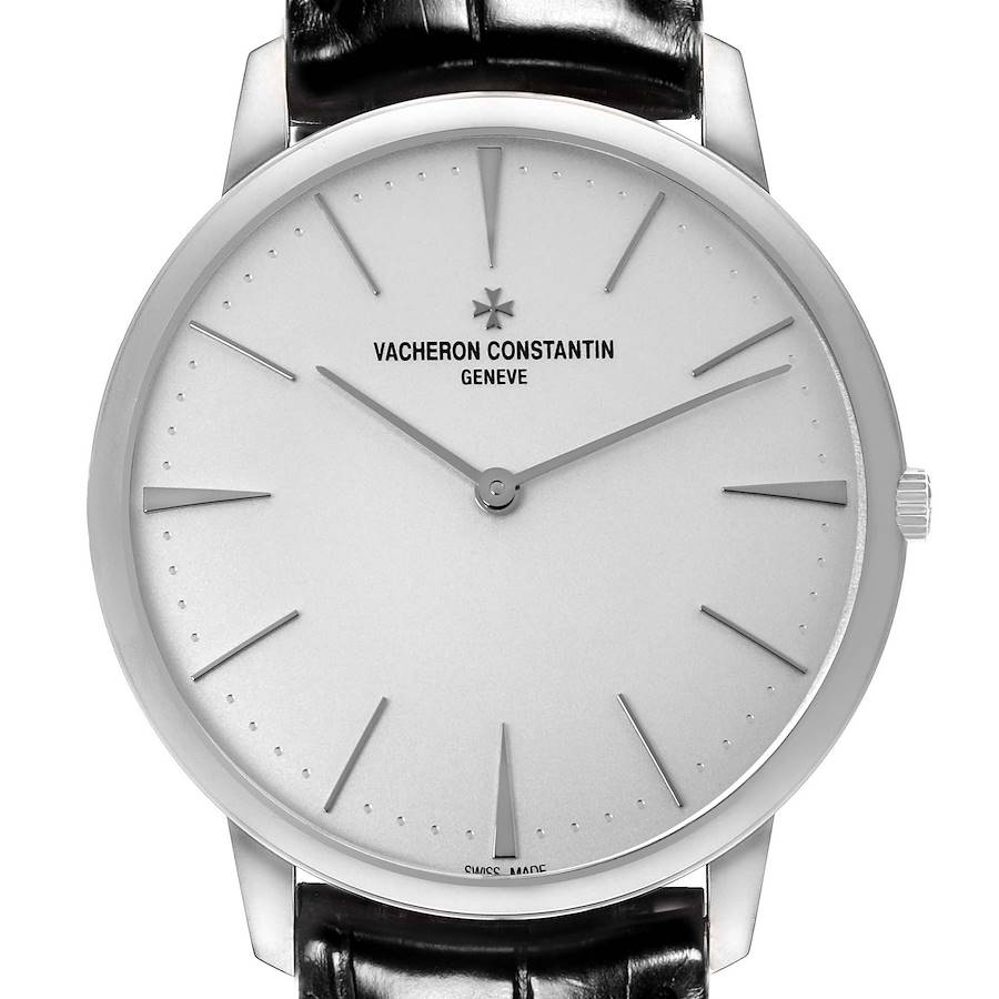 The image shows a frontal view of the Vacheron Constantin Patrimony watch, highlighting its dial and strap connection.