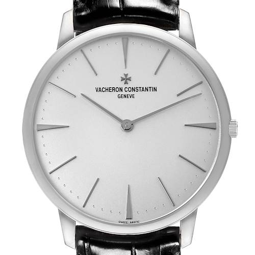 The Vacheron Constantin Patrimony watch is shown from the front, highlighting its face, hour markers, and leather strap.