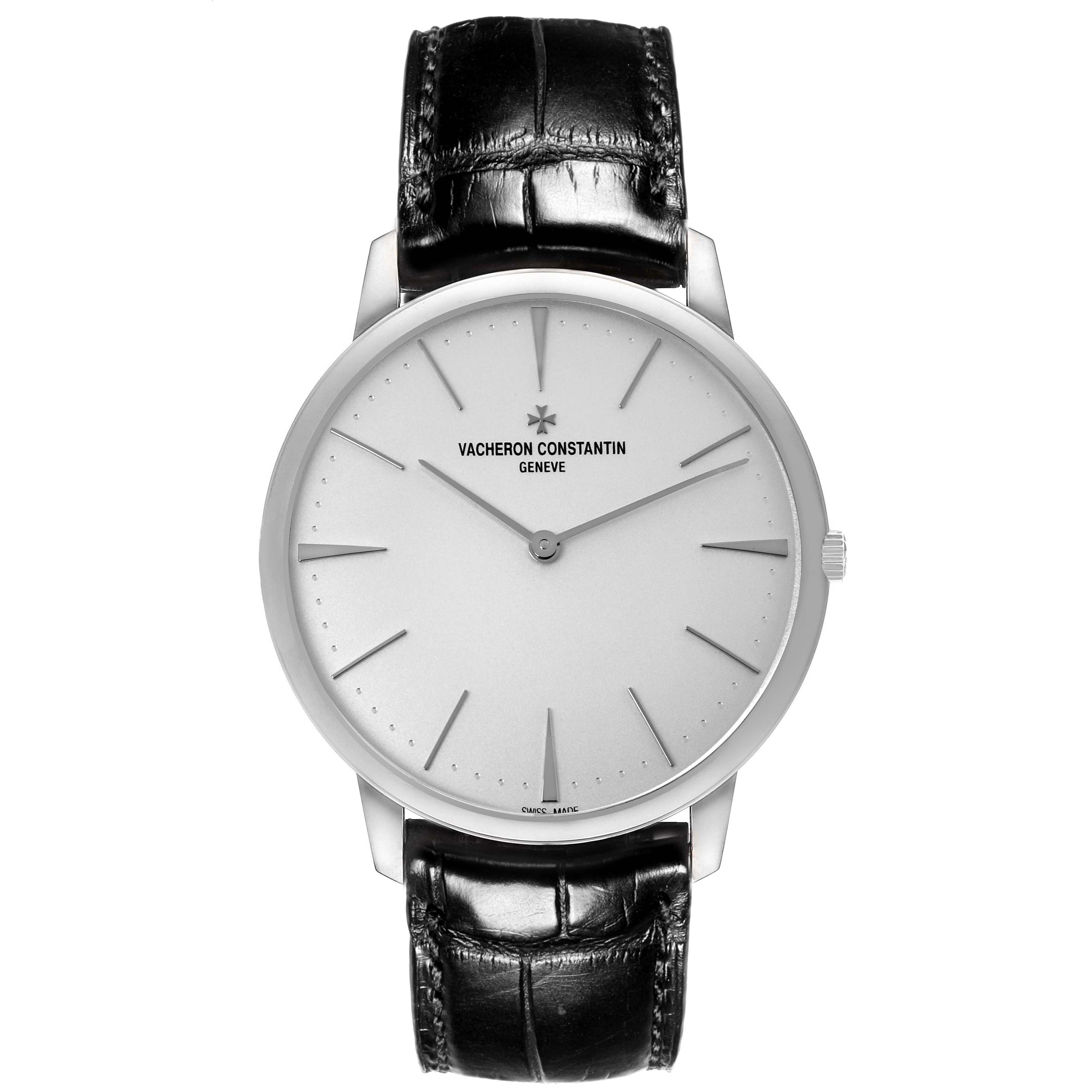 The Vacheron Constantin Patrimony 81180/000G Men's White Gold Silver Dial 81180/000G Men's White Gold Silver Dial watch is shown from the front, displaying its dial, case, and black leather strap.