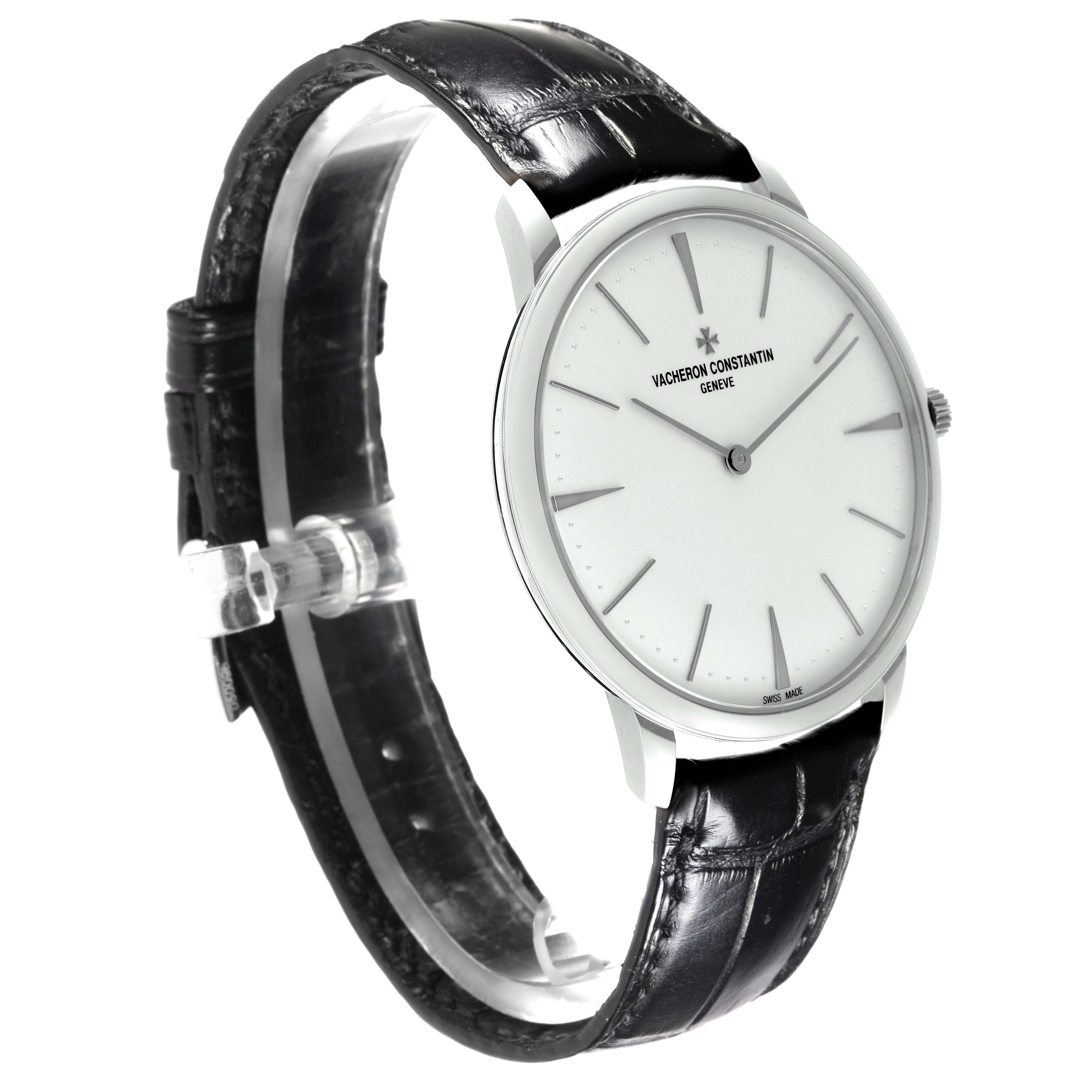 The Vacheron Constantin Patrimony 81180/000G Men's White Gold Silver Dial 81180/000G Men's White Gold Silver Dial watch is shown at a side angle, highlighting the face, case, and leather strap.