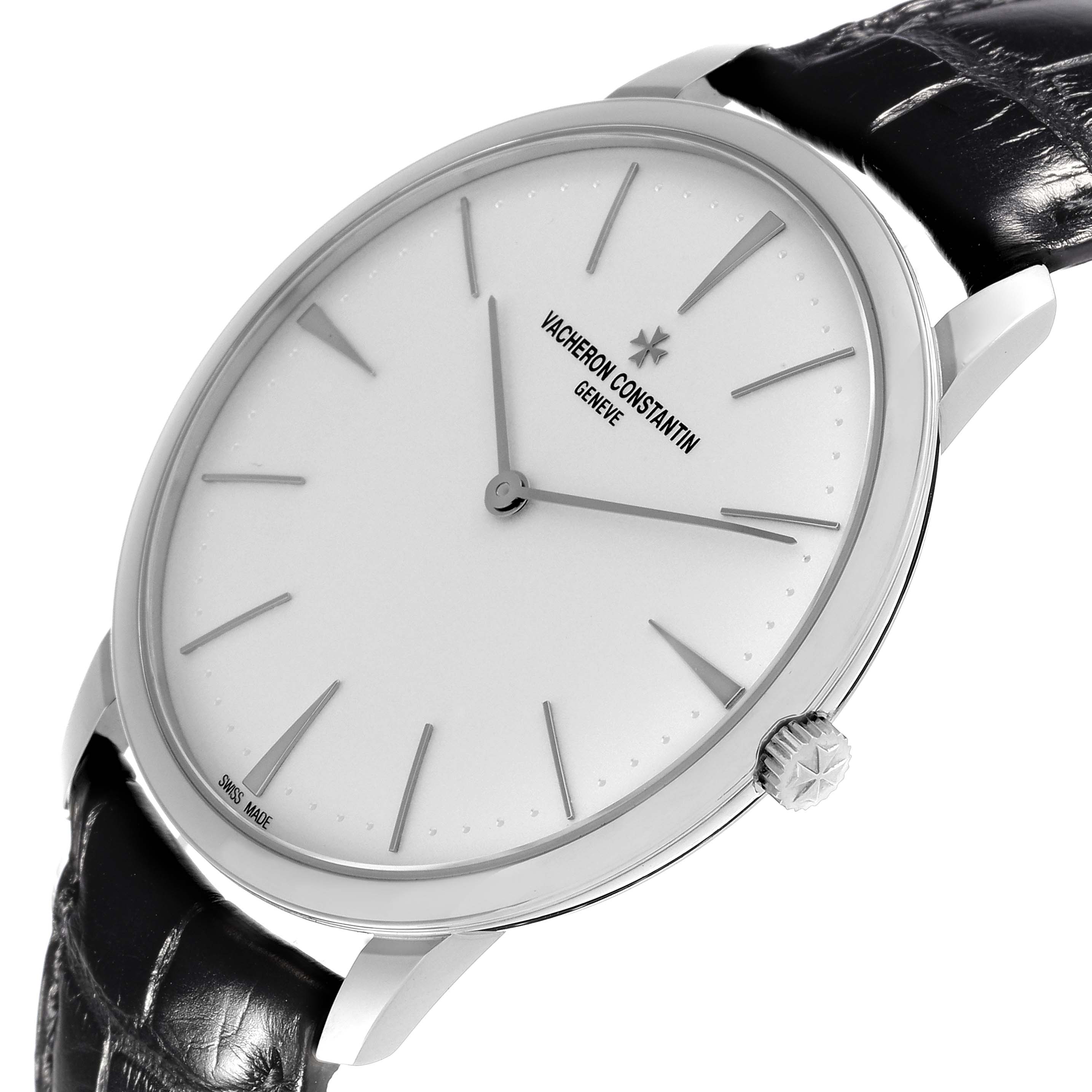The Vacheron Constantin Patrimony 81180/000G Men's White Gold Silver Dial 81180/000G Men's White Gold Silver Dial watch is shown at an angled view highlighting the face, crown, and black leather strap.