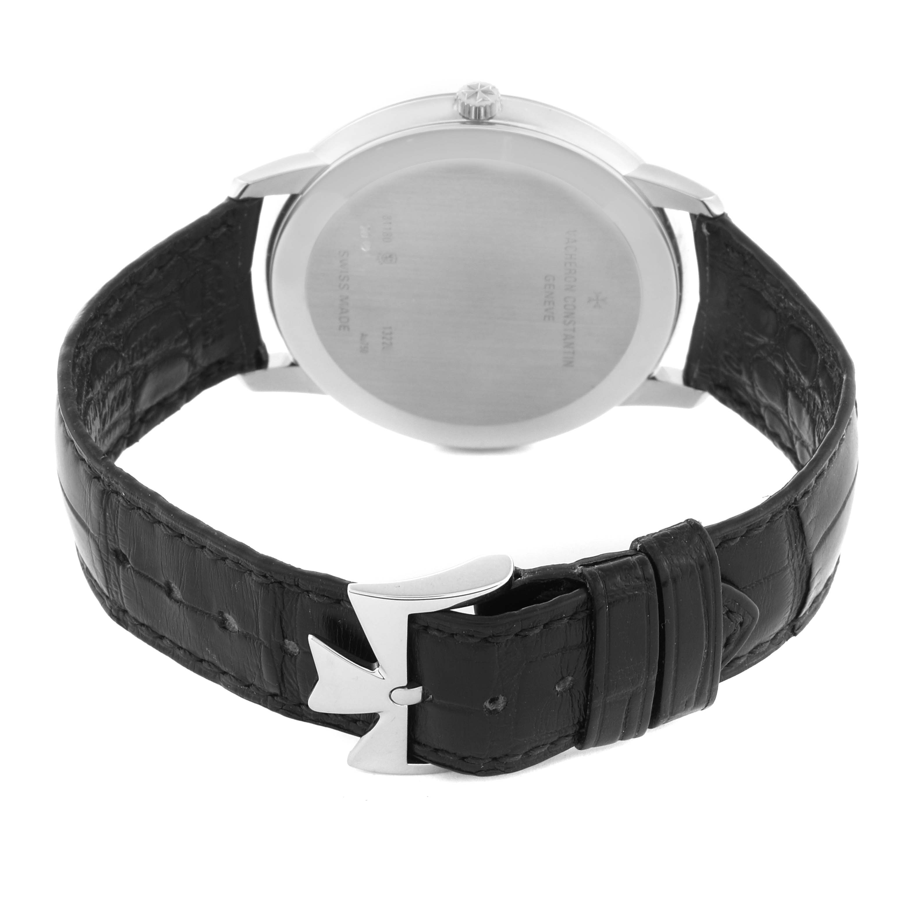 The image shows the back view of the Vacheron Constantin Patrimony 81180/000G Men's White Gold Silver Dial 81180/000G Men's White Gold Silver Dial watch, highlighting the case back and leather strap with clasp.