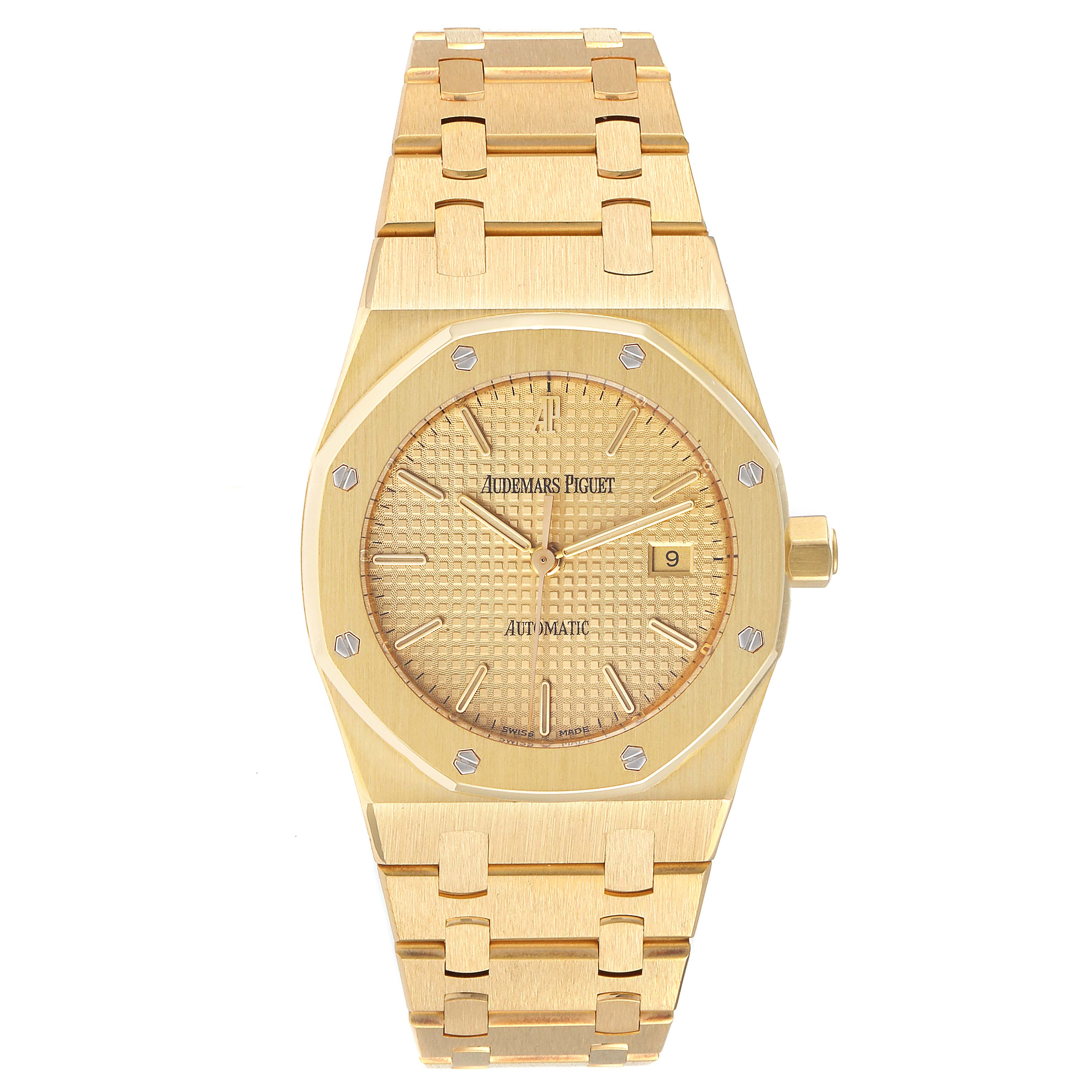 The image shows a front view of the Audemars Piguet Royal Oak 15000BA Men's Yellow Gold Champagne Dial 15000BA Men's Yellow Gold Champagne Dial watch, highlighting its gold case, bracelet, and dial.