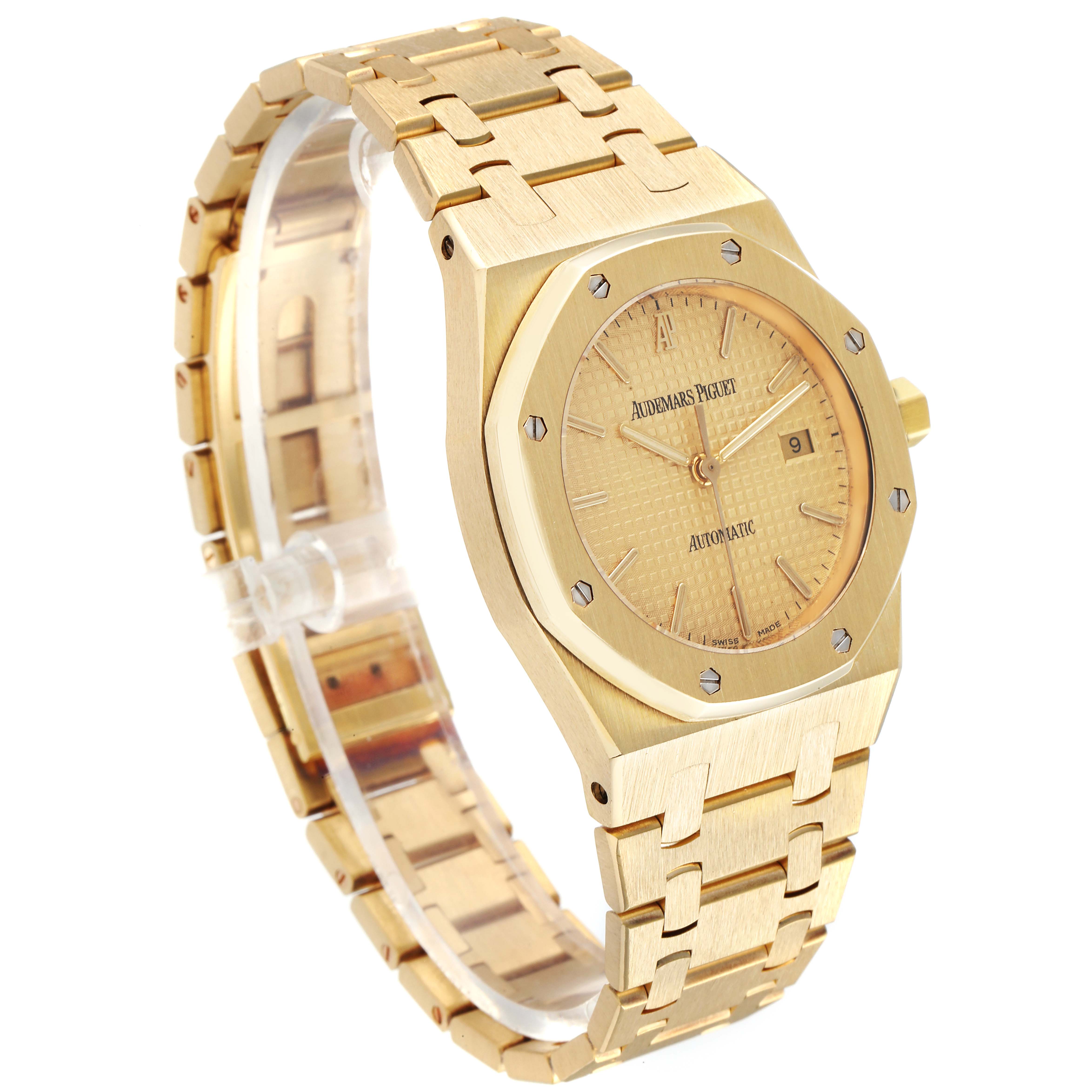 The image shows a side angle of the Audemars Piguet Royal Oak 15000BA Men's Yellow Gold Champagne Dial 15000BA Men's Yellow Gold Champagne Dial watch, highlighting its gold bracelet, case, and dial.