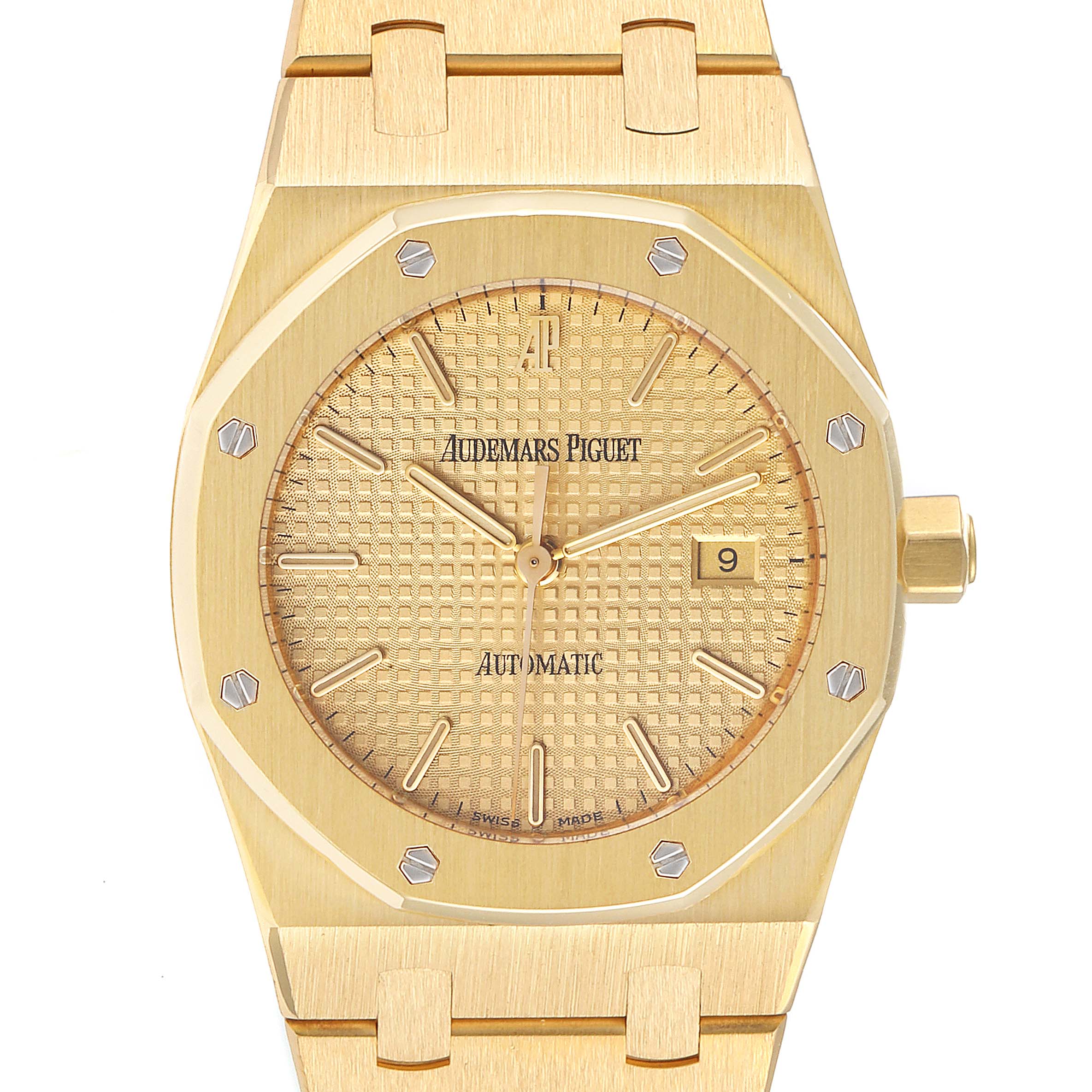 This image shows a frontal view of an Audemars Piguet Royal Oak 15000BA Men's Yellow Gold Champagne Dial 15000BA Men's Yellow Gold Champagne Dial watch, including the bezel, dial, hands, bracelet, and date window.