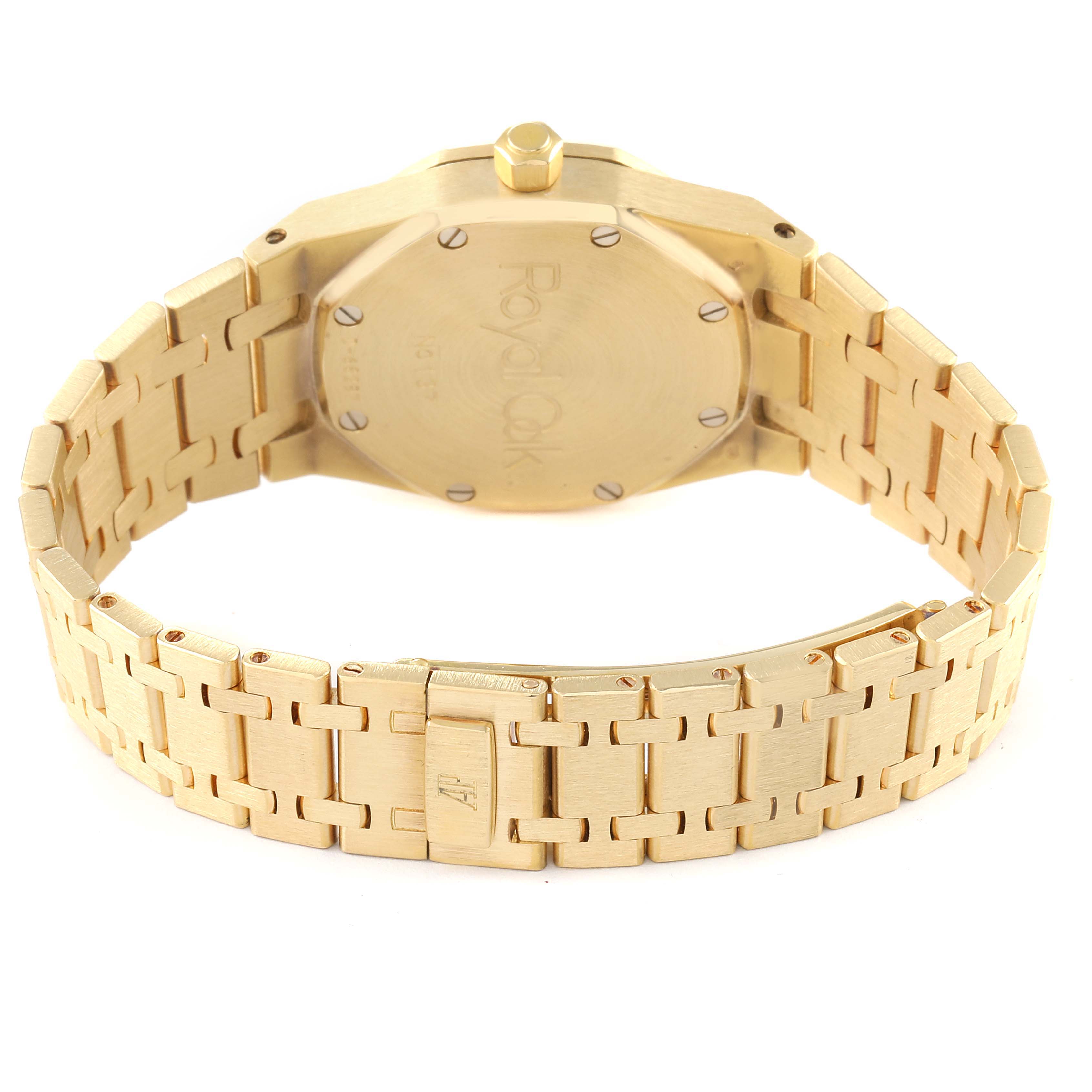 The image shows the back view of a Royal Oak by Audemars Piguet showcasing the case back and bracelet.