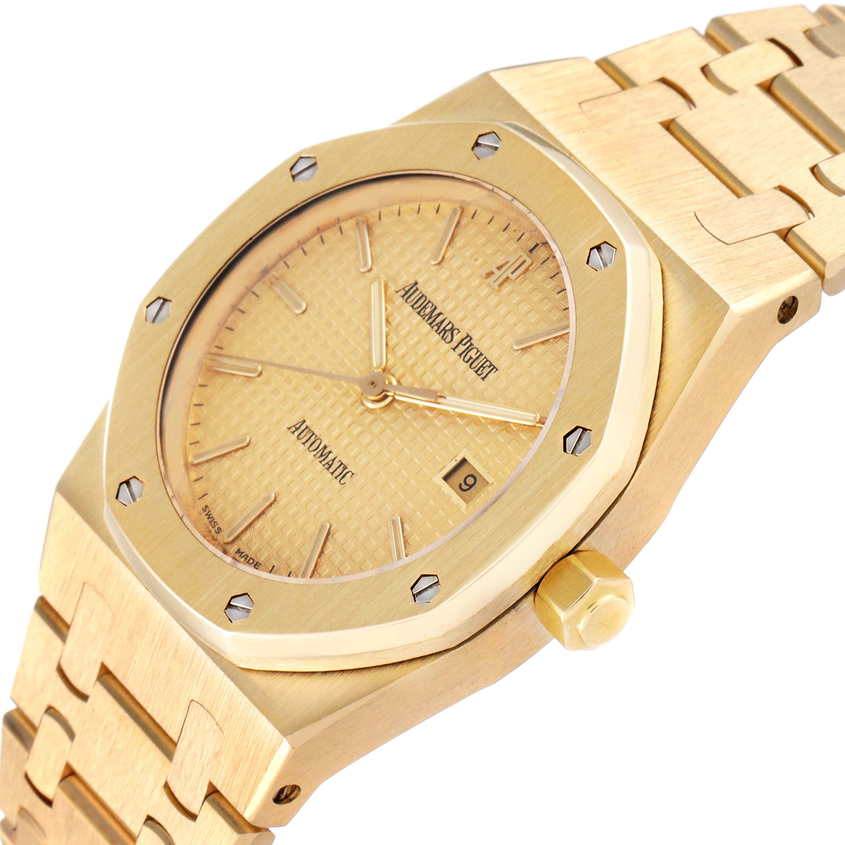 This image shows a close-up angle of an Audemars Piguet Royal Oak 15000BA Men's Yellow Gold Champagne Dial 15000BA Men's Yellow Gold Champagne Dial watch, highlighting the dial, bezel, crown, and part of the bracelet.